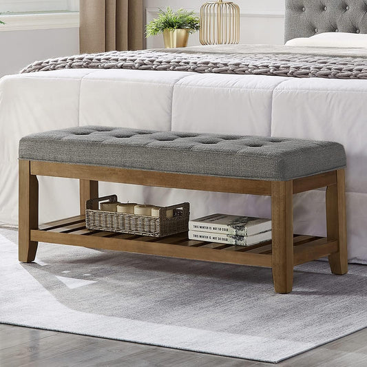 24KF Large Rectangular Upholstered Tufted Linen Fabric Ottoman Bench, Padded Bench with Solid Wood Shelf-Granite