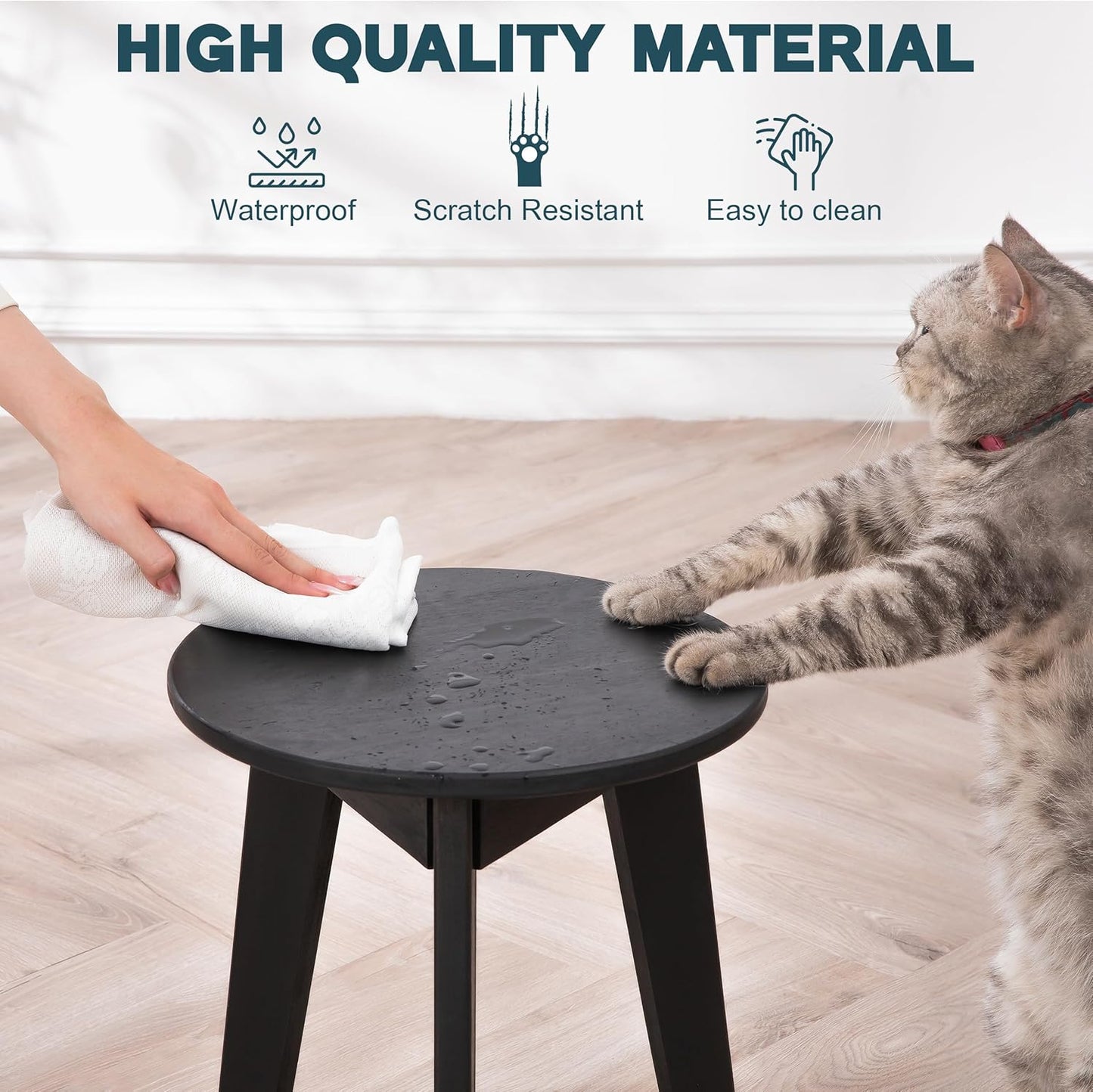 Round Side Table – Solid Acacia Wood End Table for Living Room or Bedroom – Black Wood Finish, Compact Nightstand or Accent Table for Sofas & Beds (13 x 16 x 13 Inches)