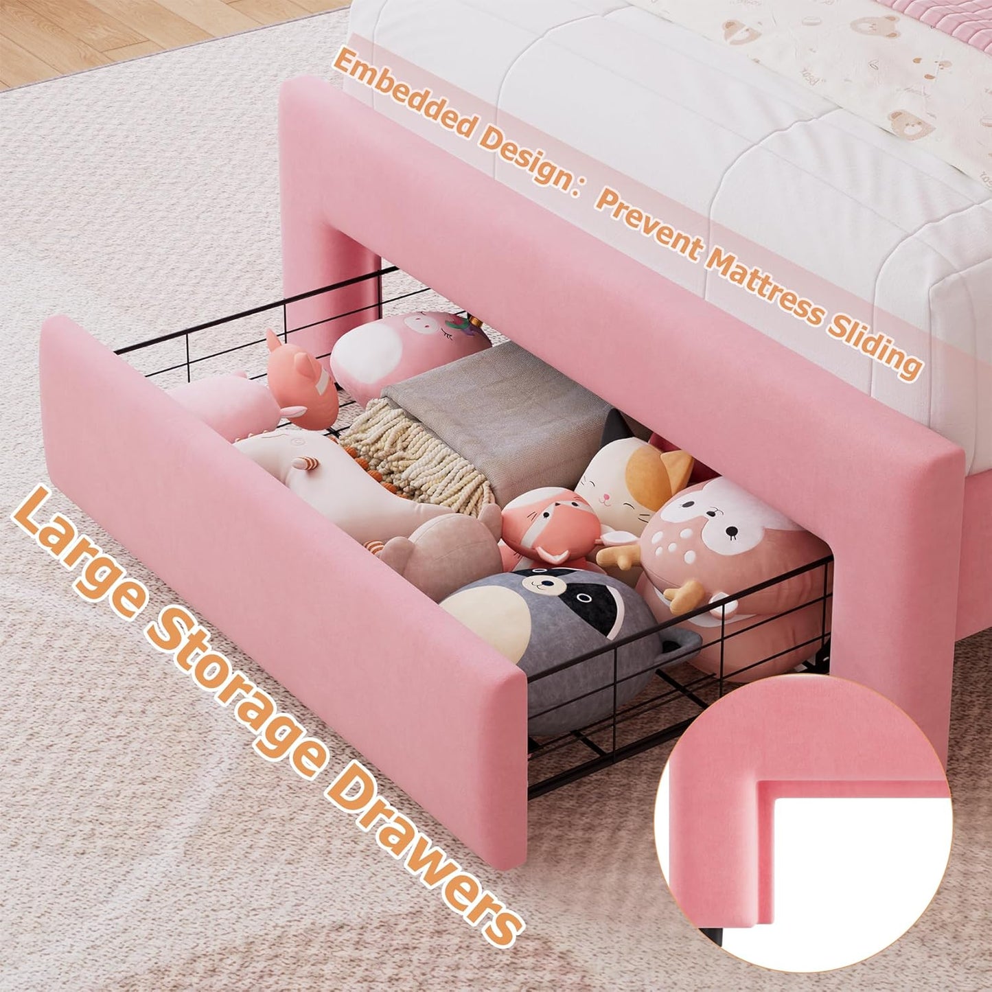 Twin Upholstered LED Bed Frame with Storage Drawer and Adjustable Chic Double Wavy Headboard, Velvet Princess Platform Bed for Girls/Kids, Solid Wood Slats Support, No Box Spring Needed, Pink