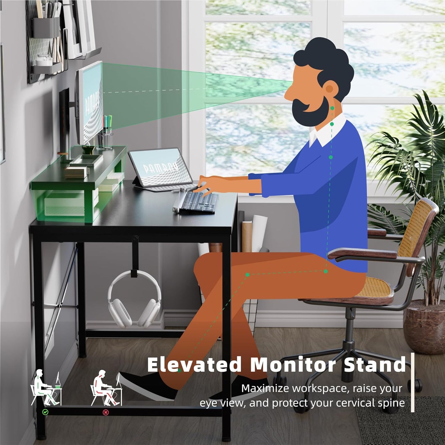 Pamray 32 Inch Small Computer Desk with Monitor Stand, Simple Office Desk with Headphone Hook for Small Spaces, Kids Study Writing Table for Bedroom, Red