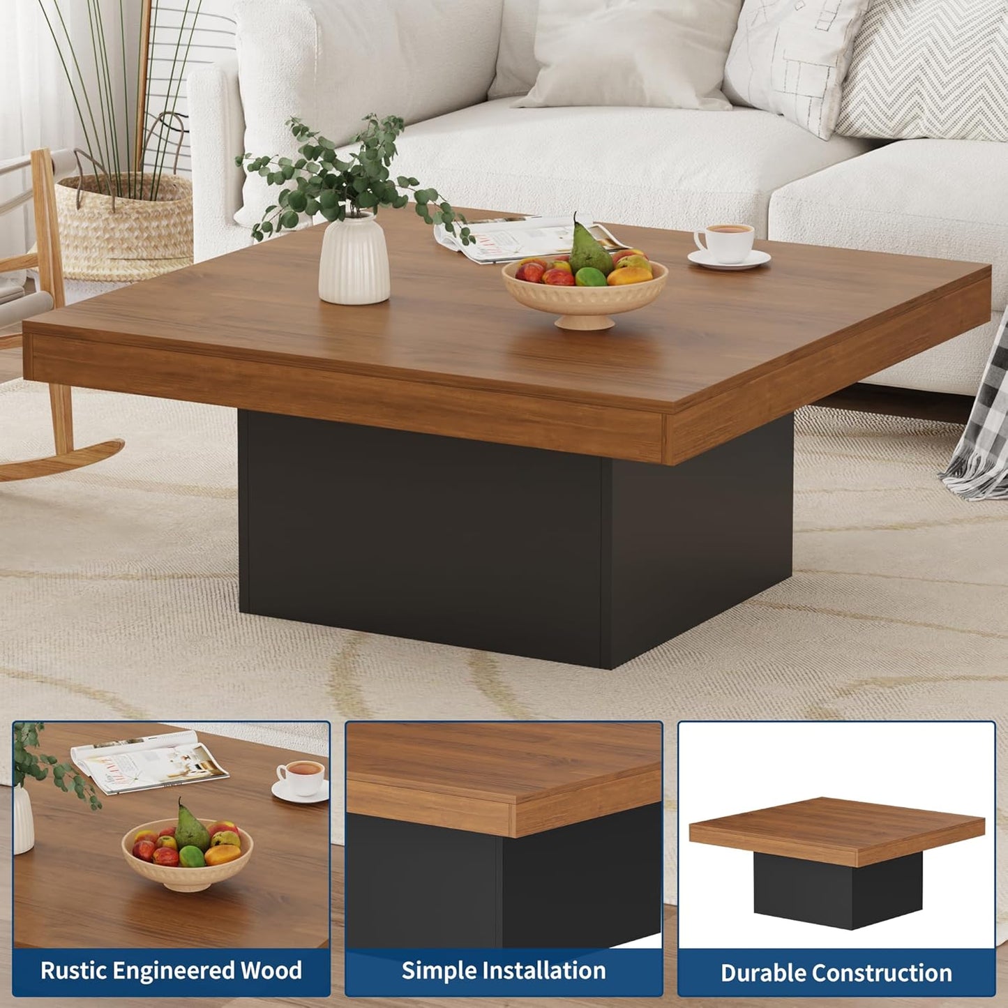 GarveeHome Square Coffee Table with Led Lights, 35 inch Living Room Tables, Modern Coffee Tables with Plug-in 16-Color LED Lights, Cocktail Table for Home Office, Apartment, Reading Room