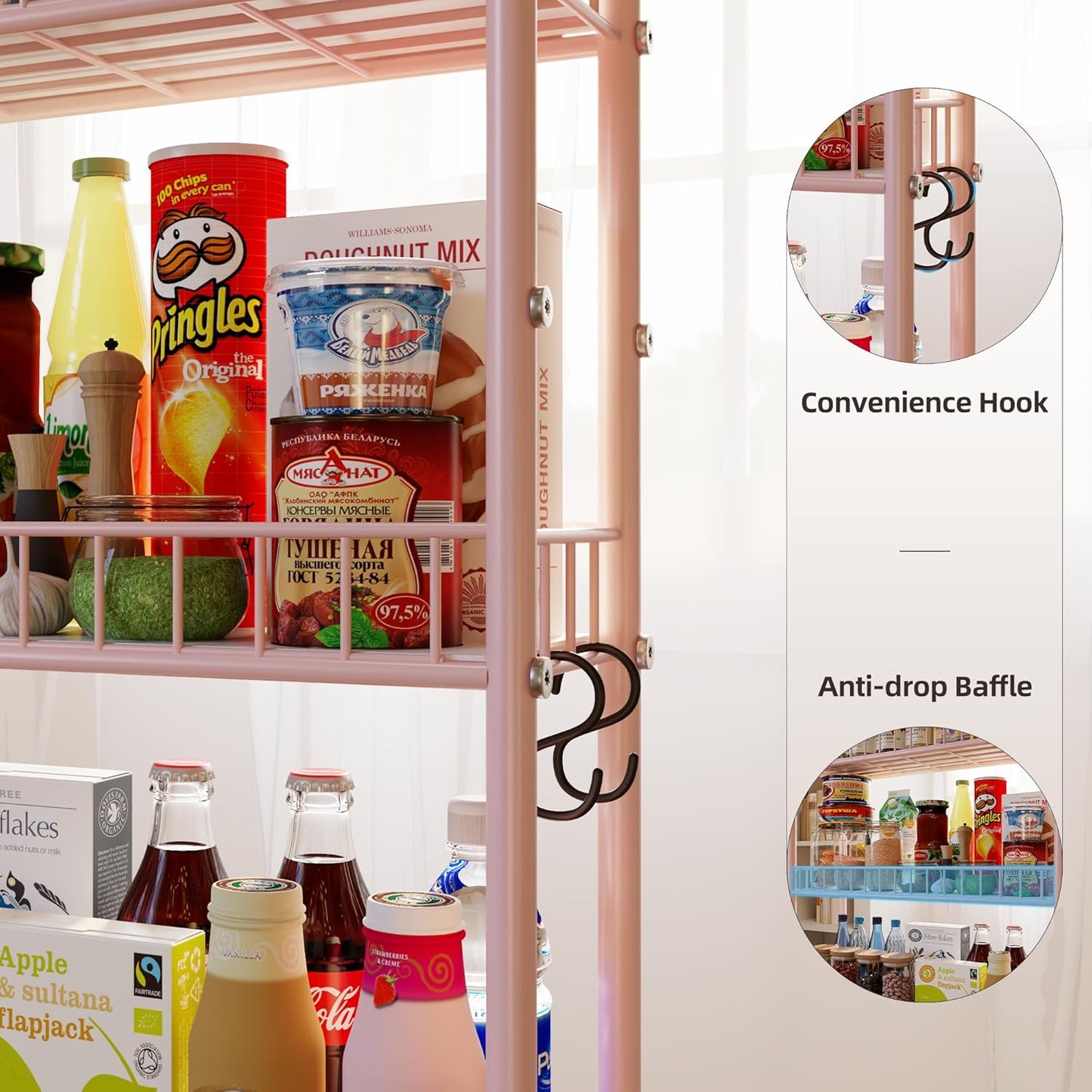 6-Tier Slim Storage Cart, Rolling Kitchen Cart with Wheels, Narrow Metal Shelf Organizer with Hooks for Kitchen, Bathroom, Living Room, Laundry, Small Spaces (Pink, 6 in)