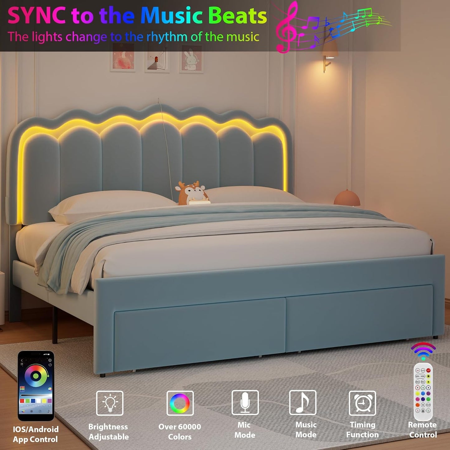 King Upholstered LED Bed Frame with 2 Storage Drawers and Adjustable Chic Double Wavy Headboard, Velvet Princess Platform Bed with Charing Station, Solid Wood Slats Support, No Box Spring Needed,Blue