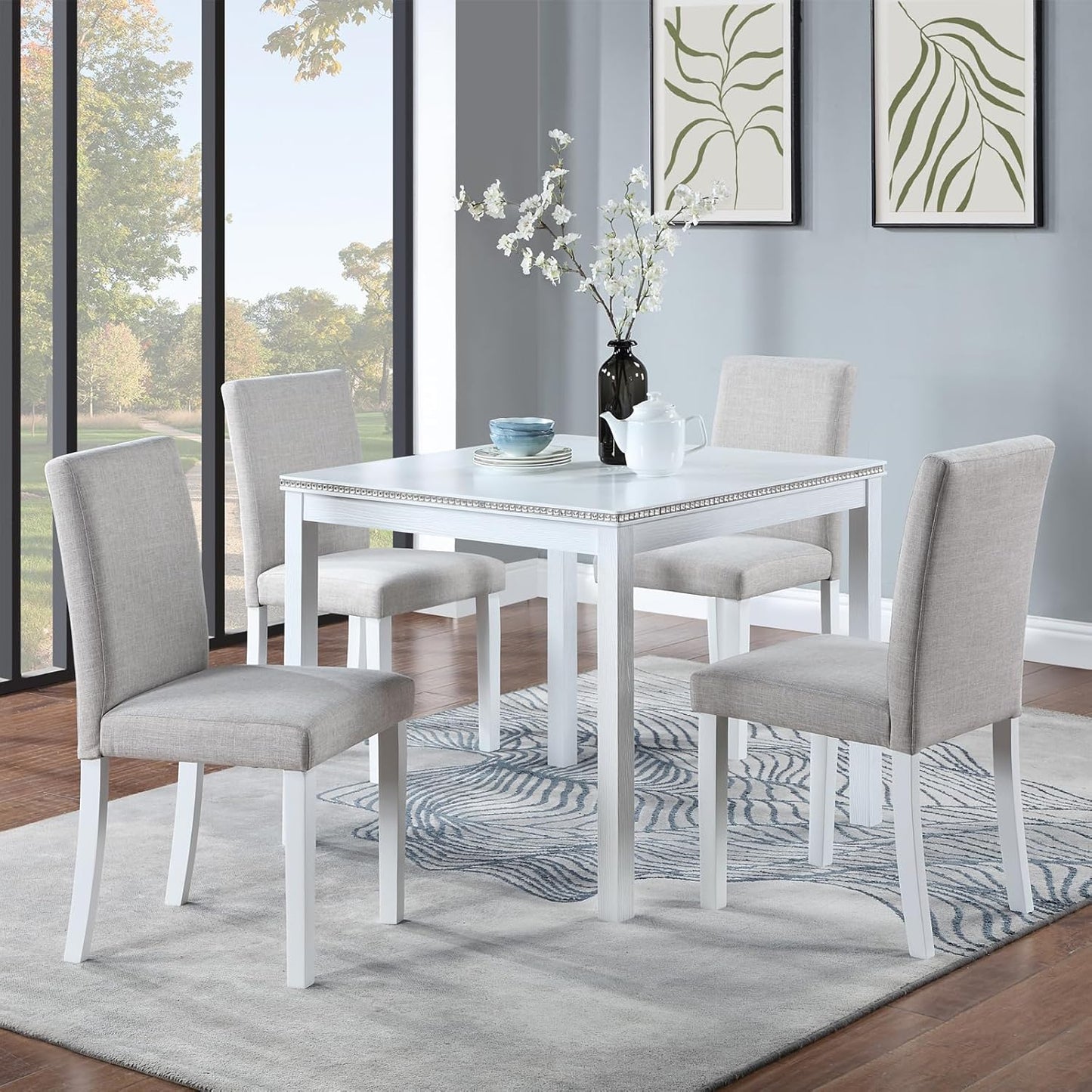 Ball & Cast 5 Piece Dining Table Set,Kitchen Table Set for 4 W/ 34.5" Square Wooden Dining Table,Living Room Furniture W/ 4 Upholstered Chairs,for Dining Room,Kitchen,Restaurant,White