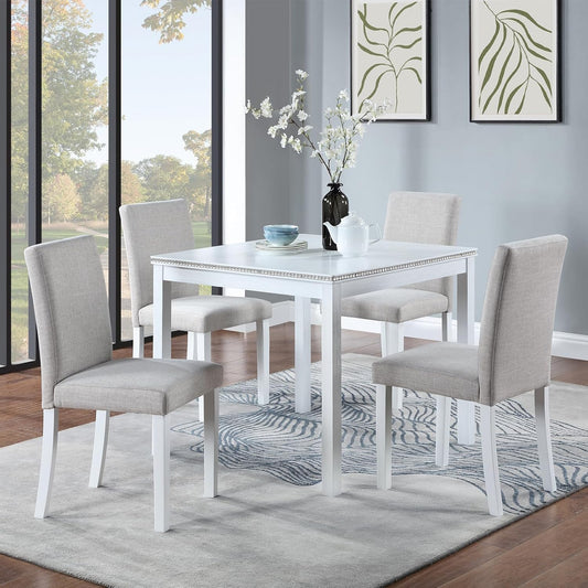 Ball & Cast 5 Piece Dining Table Set,Kitchen Table Set for 4 W/ 34.5" Square Wooden Dining Table,Living Room Furniture W/ 4 Upholstered Chairs,for Dining Room,Kitchen,Restaurant,White