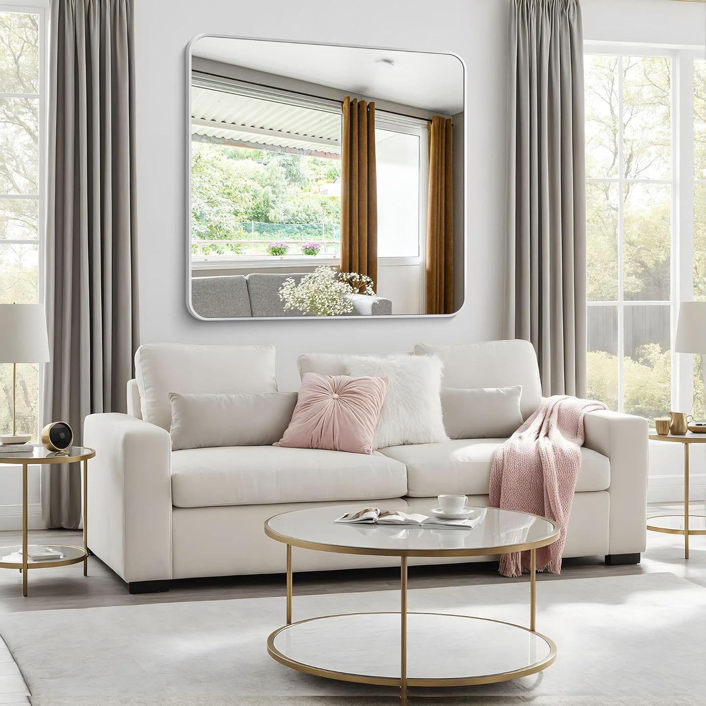 BONEWEI Silver Bathroom Mirror,48x48 inch Wall Mirror for Bathroom Wall Mounted,Rectangle Mirror for Bathroom Over Sink,Modern Frame Round Corner for Living Room,Bedroom Entryway,Horizontal/Vertical