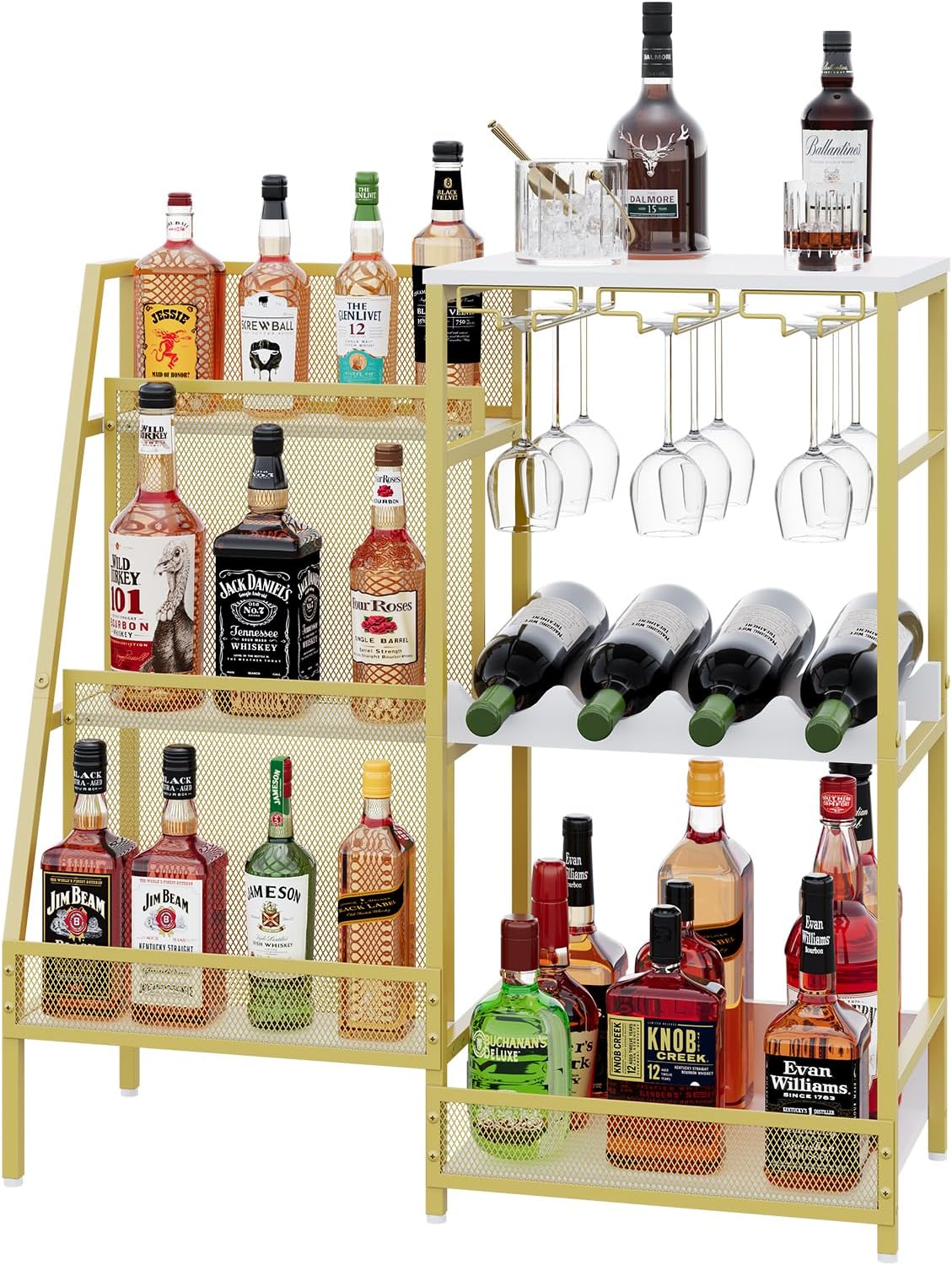 Gold Liquor Stand with Glass Holder, Multifunctional Wine Rack Freestanding Floor with Fences, Mini Bar Table for Liquor Whiskey Wine, 3-Tier Trapezoidal Liquor Cabinet for Home Bar (Patent Pending)