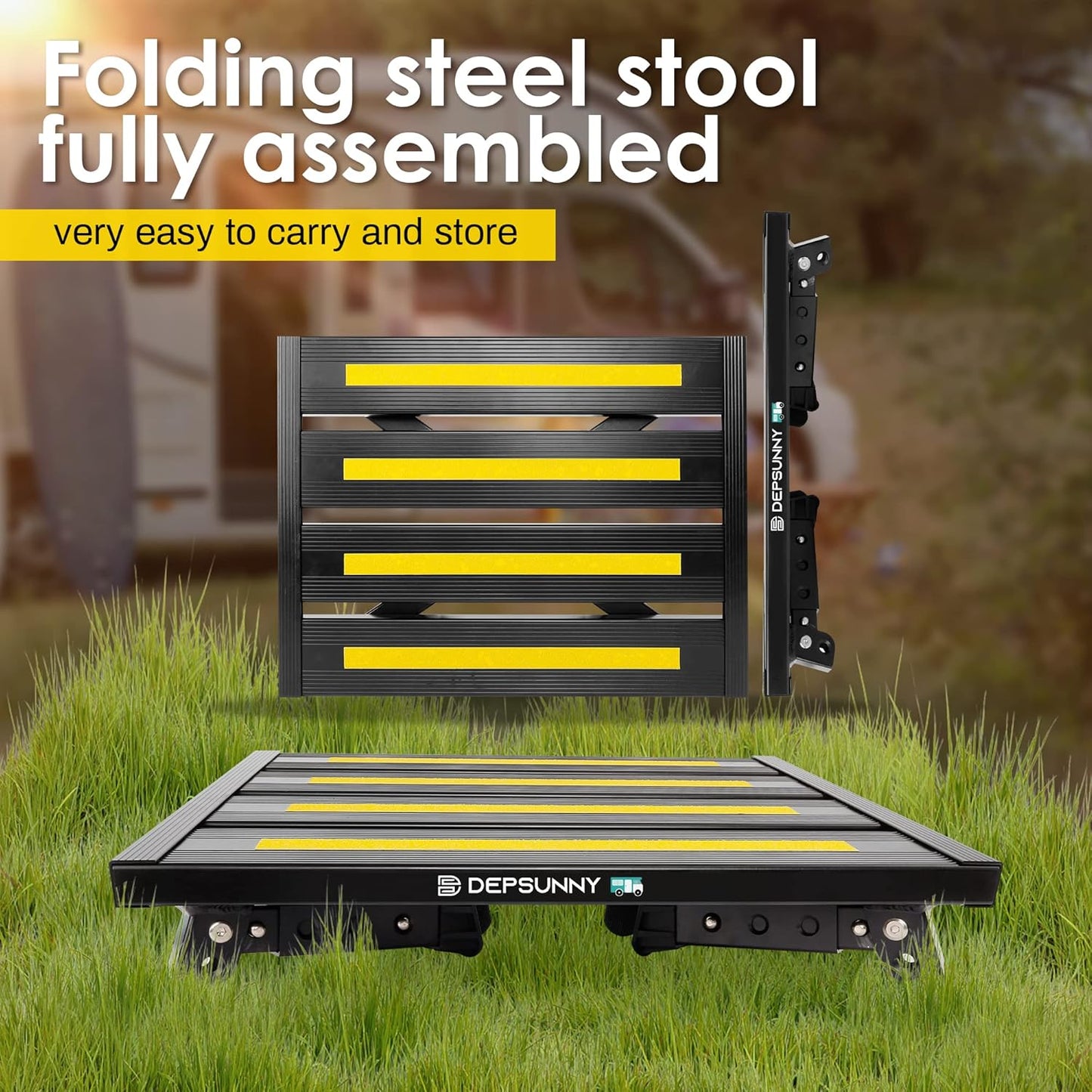 Adjustable Height Aluminum RV Step, Stable Foldable Platform Step Stool, Supports Up to 1,000 lb, Non-Slip Rubber Feet and Platform Mat, Easy to Carry (Black)