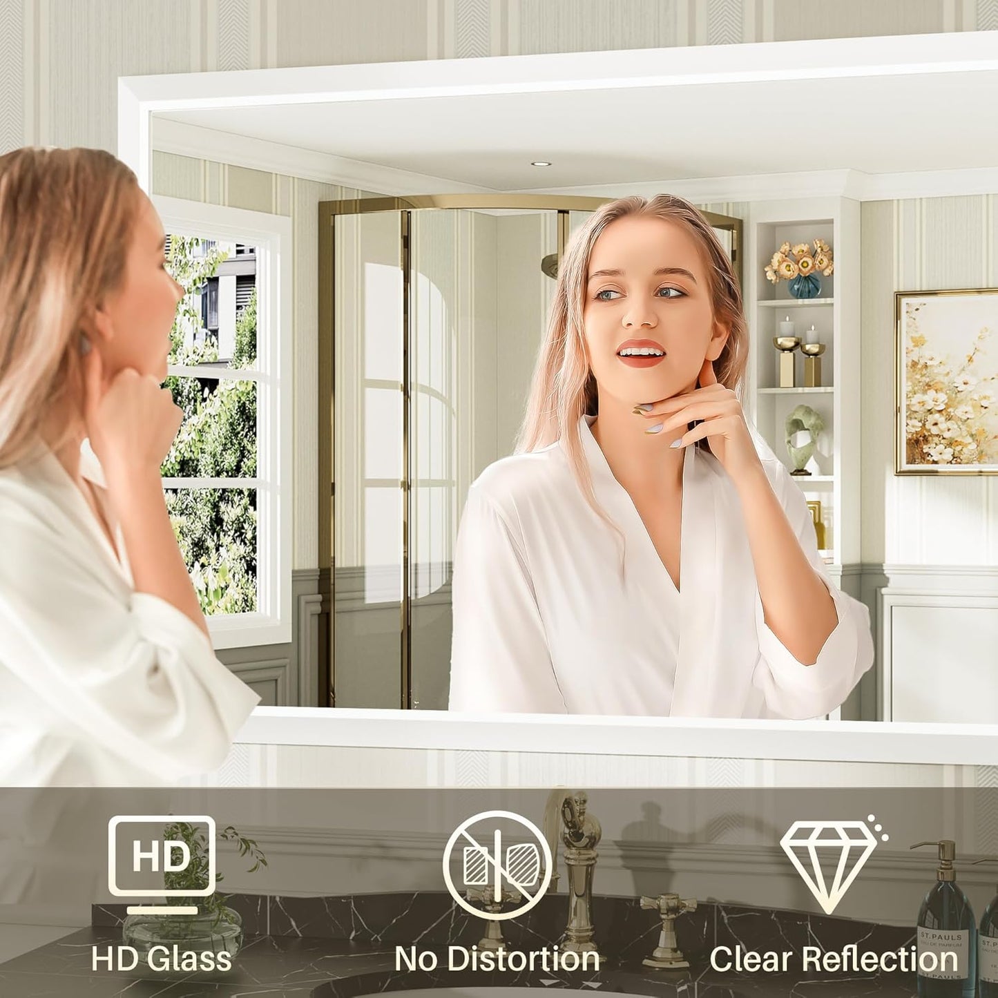 60x36 Inch White Bathroom Mirror for Wall, Thick Metal Framed Rectangle Mirrors for Over Sink, Bedroom, Living Room, Entryway, Anti-Rust, HD Tempered Glass