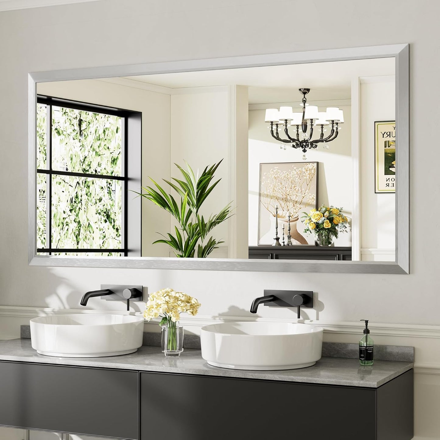 72x36 Inch Silver Bathroom Mirror for Wall, Thick Metal Framed Rectangle Mirrors for Over Sink, Bedroom, Living Room, Entryway, Anti-Rust, HD Tempered Glass