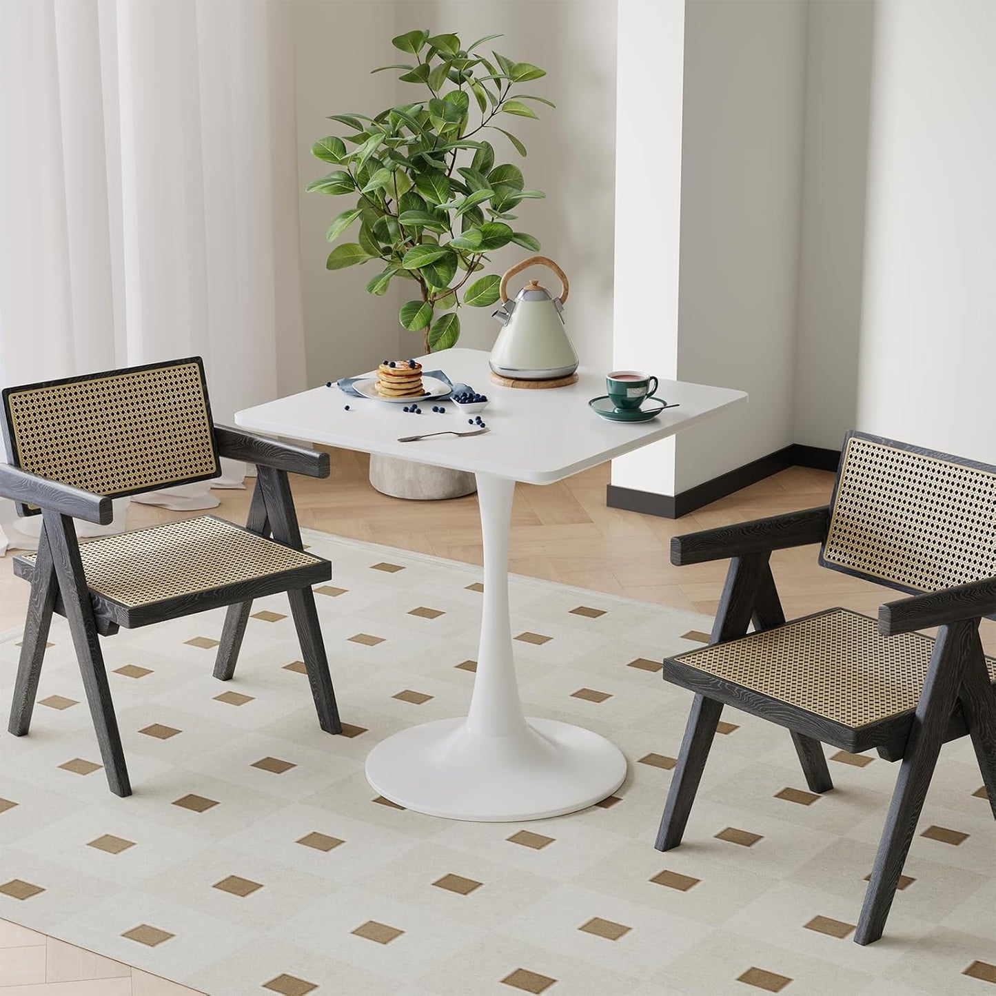 White Square Tulip Table for 2 Person, 24 Inch Small Dining Table with Metal Pedestal Base for Kitchen, Mid Century Modern Table with Round Corners for Living Room, Cafe, Office, Pub, Bar, Bistro