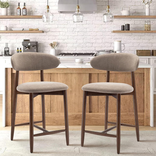 COLAMY Counter Height Bar Stools Set of 2, Kitchen Bar Stools with Back, Mid Century Modern Upholstered, with Wood Legs for Kitchen Island Dining Room, Camel