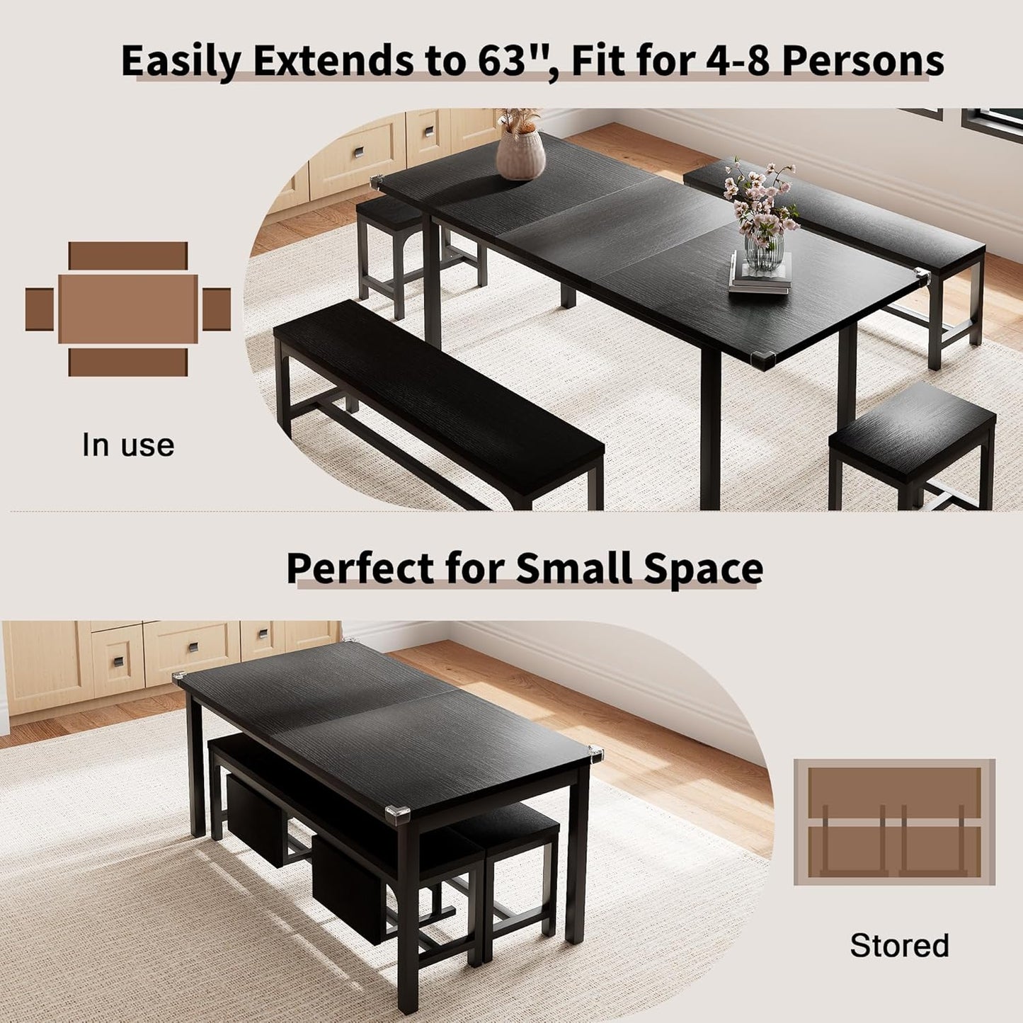 5-Piece Dining Table Set for 4-6, 63" Extendable Kitchen Table with 2 Benches & 2 Stools, Metal Frame & MDF Board, Farmhouse Space-Saving Dinette for Kitchen, Dining Room, Black