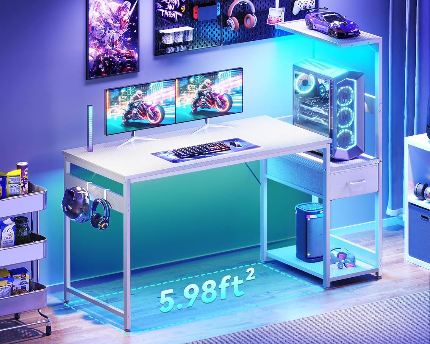 Casaottima 54 Inch Gaming Desk with Storage & LED Lights, Reversible Computer Desk with Display Shelves & Fabric Drawer, Modern Gamer Desk Table with Side Headphone Hook, Carbon Fiber White