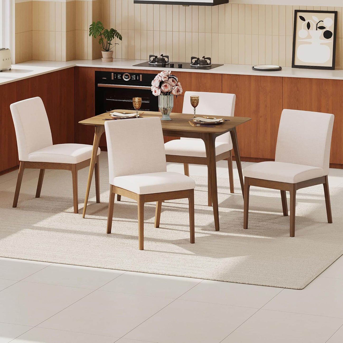 Dining Table Set for 4, Solid Rubberwood Upholstered Chairs, Mid-Century Modern Kitchen Furniture for Home, Dining/Living Room, Walnut+Beige