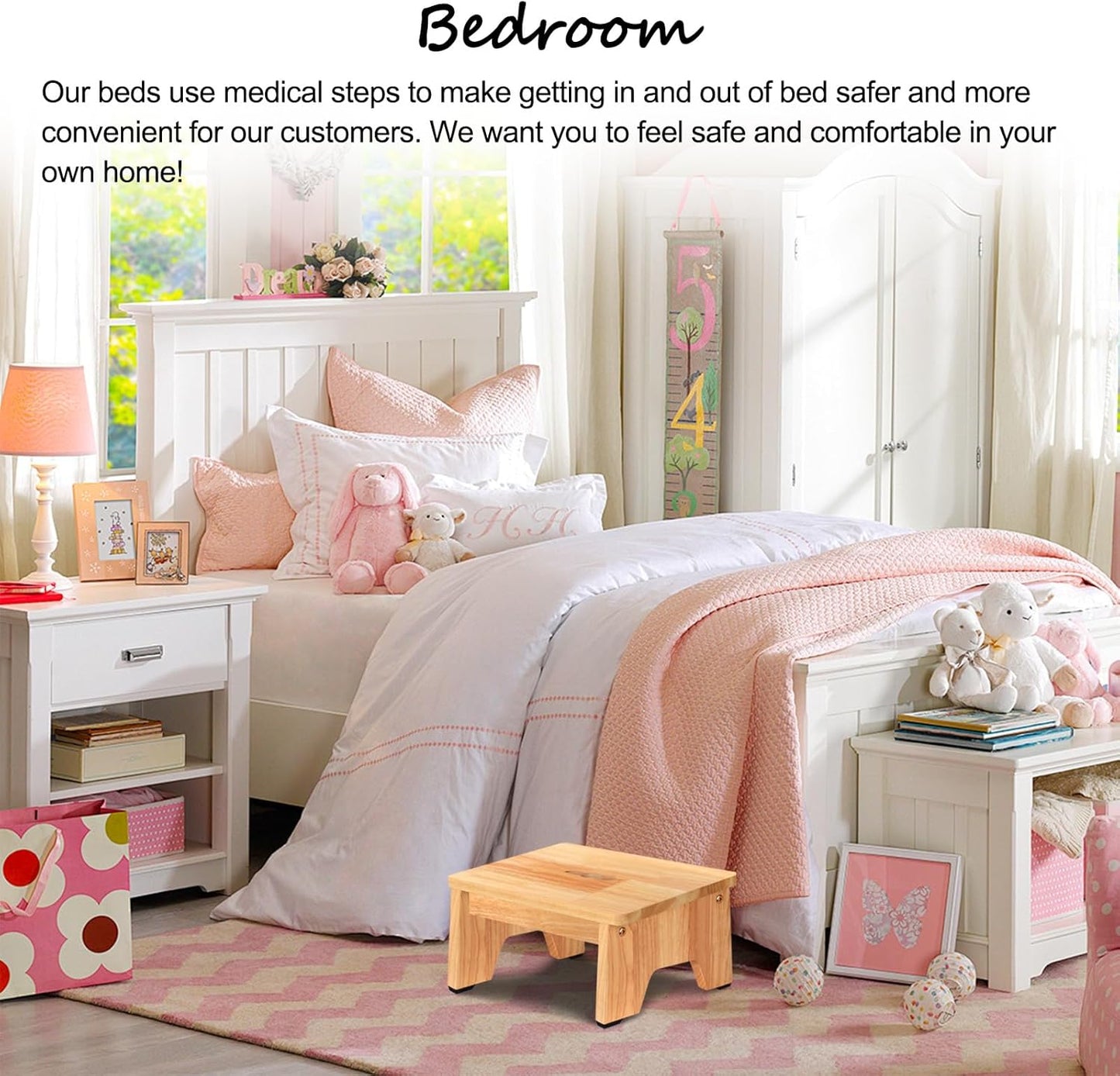 One Step Stool for Adults Seniors, 6.5" Heavy Duty Wooden Stepping Stools with 550 LBS Capacity for Bedroom Kitchen Bathroom, Bed Steps for High Beds, Bedside Support