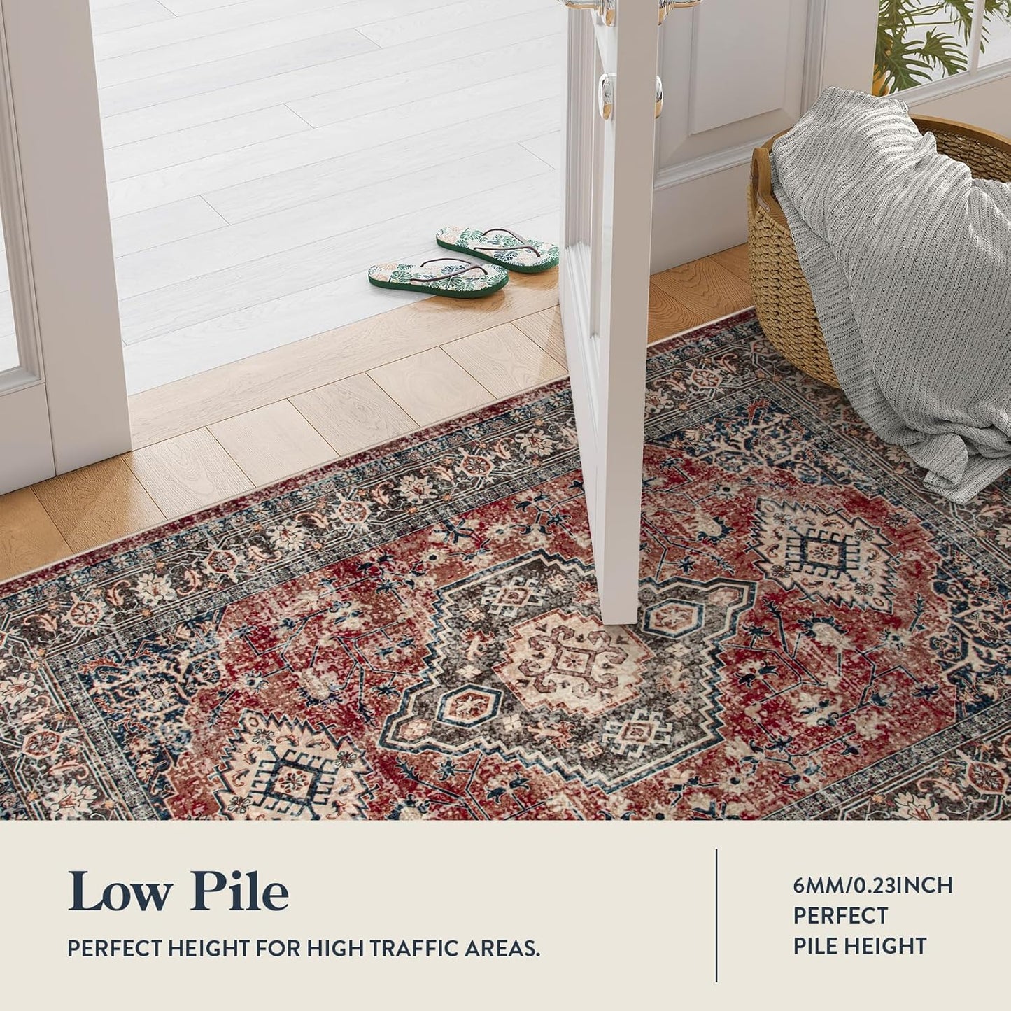 Lahome Oriental Washable Rugs for Bedroom, 4X6 Soft Living Room Rug Ultra-Thin Non-Slip Stain Resistant Vintage Low-Pile Throw Carpet for ‎Office Entryway, Brick Red