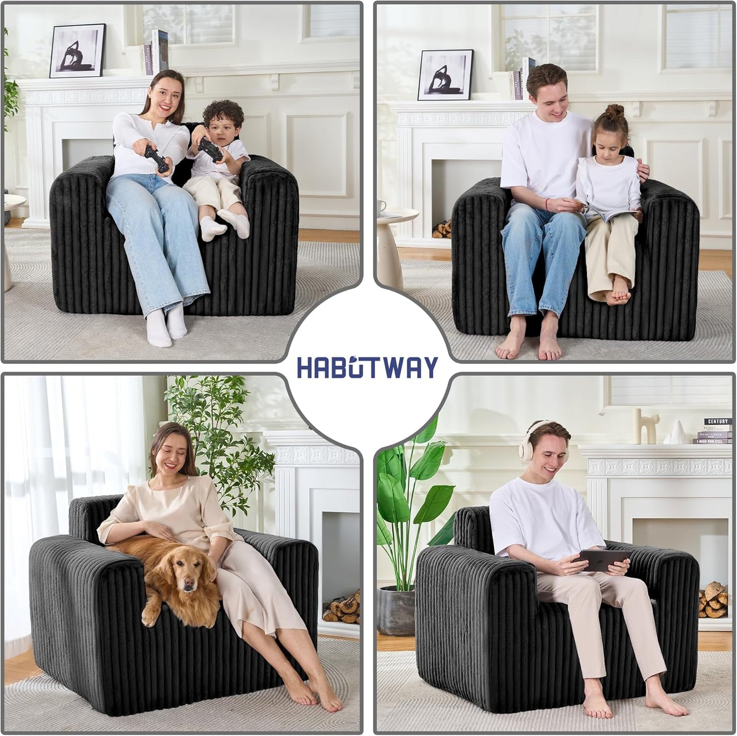HABUTWAY Giant Bean Bag Chairs for Adults with Armrests, High Backrest Bean Bag Lounge Lazy Sofa with Durable Elastic Foam Filling & Comfy Fabric, Single Couch for Bedroom/Dorm/Living Room(Black)