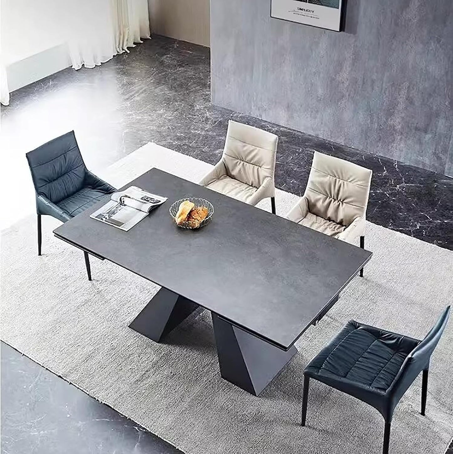 Extendable Dining Table for 8-12 Seat, Flexible Stretch, Tabletop Made from Rock Plate and Tempered Glass, Solid Carbon Steel Base, 35.4" D x 94.5" W x 30" H, Dark Grey