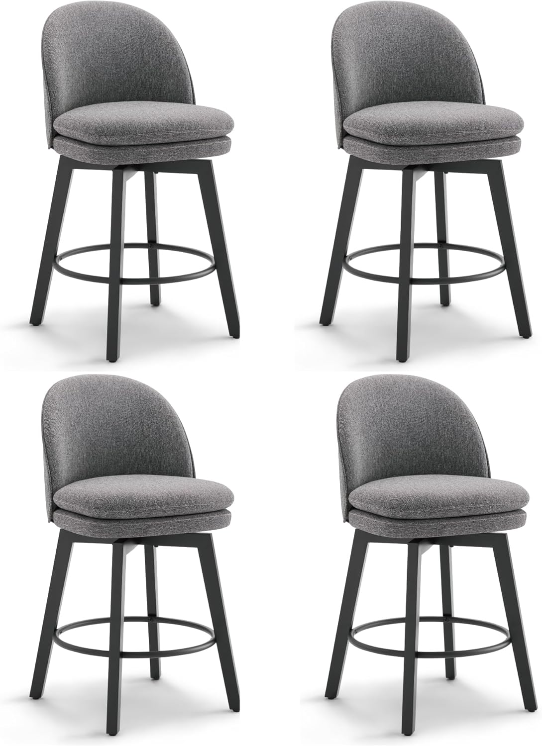 Counter Height Barstools 26 inch Upholstered Swivel Bar Stools with Back and Wood Legs for Kitchen Island,Set of 4,Dark Grey Fabric-Armless