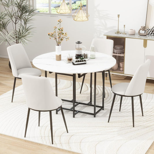 Merax 47.2” Round Dining Table Set for 4, Foldable Kitchen Dining Table with 11.8” Drop Leaves, Faux Marble Top with Golden Frame, 4 Upholstered Chairs (White+Beige)