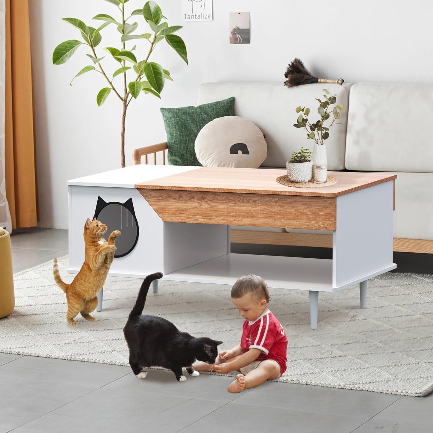 GAOMON White Coffee Table 45'' Cat Living Room Tables with Storage Drawer, Wooden Rustic Coffee Table with Cat House, Multifunctional Hidden Kitty Litter Box Furniture