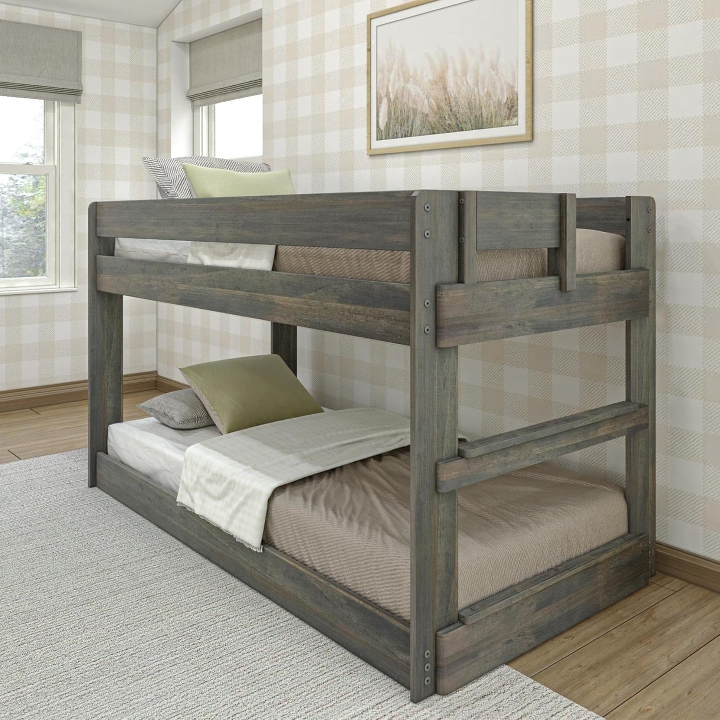 Max & Lily Modern Farmhouse Low Bunk Bed, Twin-Over-Twin Bed Frame For Kids, Driftwood