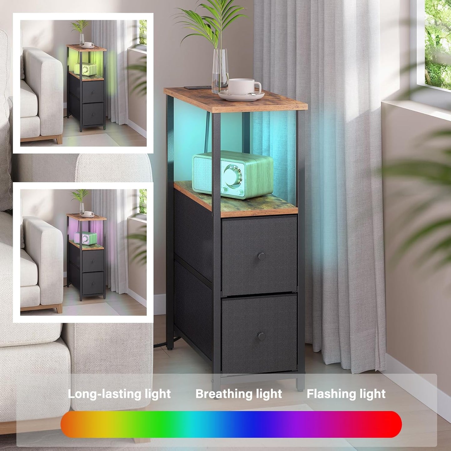 TUTOTAK Small Narrow LED End Table with Charging Station, Side Table Outlets, Nightstand with 2 Cloth Drawers, Set of 2, Couch Table, for Living Room, Bedroom, Bedside, Brown and Black TB01BB056K