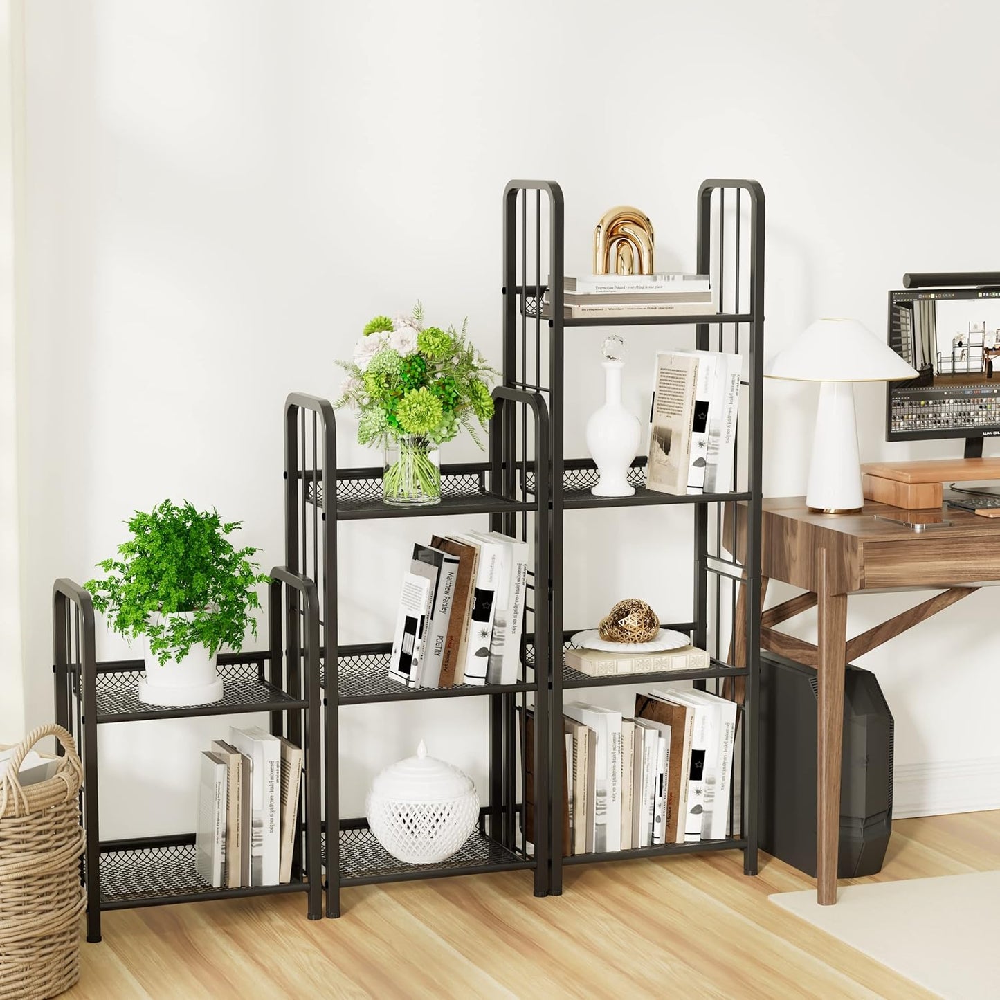 Bookshelf Vertical Storage Freestanding Storage Stand for Living Room, Bedroom, Kitchen, Rust Resistance, Easy Assemblyl Free CombinationMulti-Functional Organizer (4 Tiers, Black)