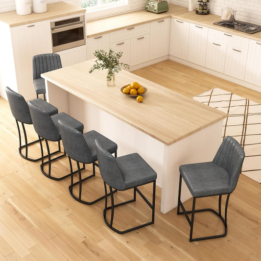 Bar Stools Set of 6, Faux Leather Counter Height Barstools, Upholstered Kitchen Counter Stools with Back and Stitching, 25.6" H Kitchen Island Stools Bar Chair, Metal Framed, Black Grey
