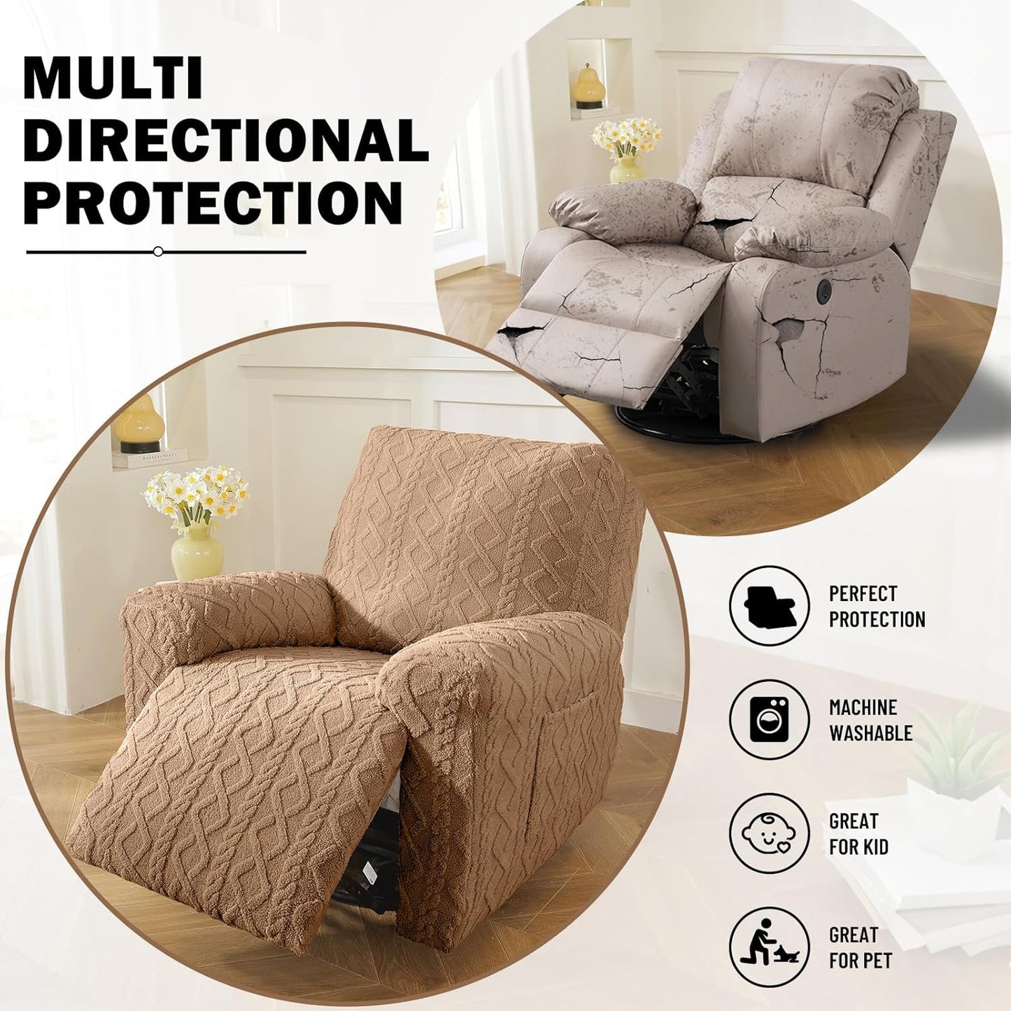 vctops 4 Pieces Geometric Jacquard Plush Recliner Slipcovers Soft Fuzzy Fluffy Sofa Couch Cover Anti-Slip Furniture Protector with Elastic Bottom for Kids Cats Dogs(Brown,1 Seat)