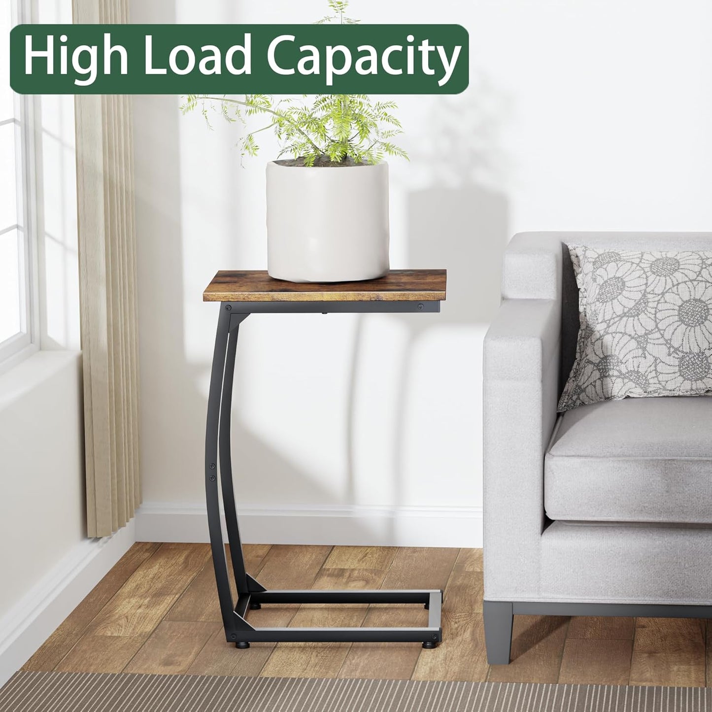 C-Shaped End-Table - Side Table for Couch,Curved Support Legs, Slide Under Couch Table for Sofa, TV Tray Table for Living Room Bedroom (Rustic Brown)