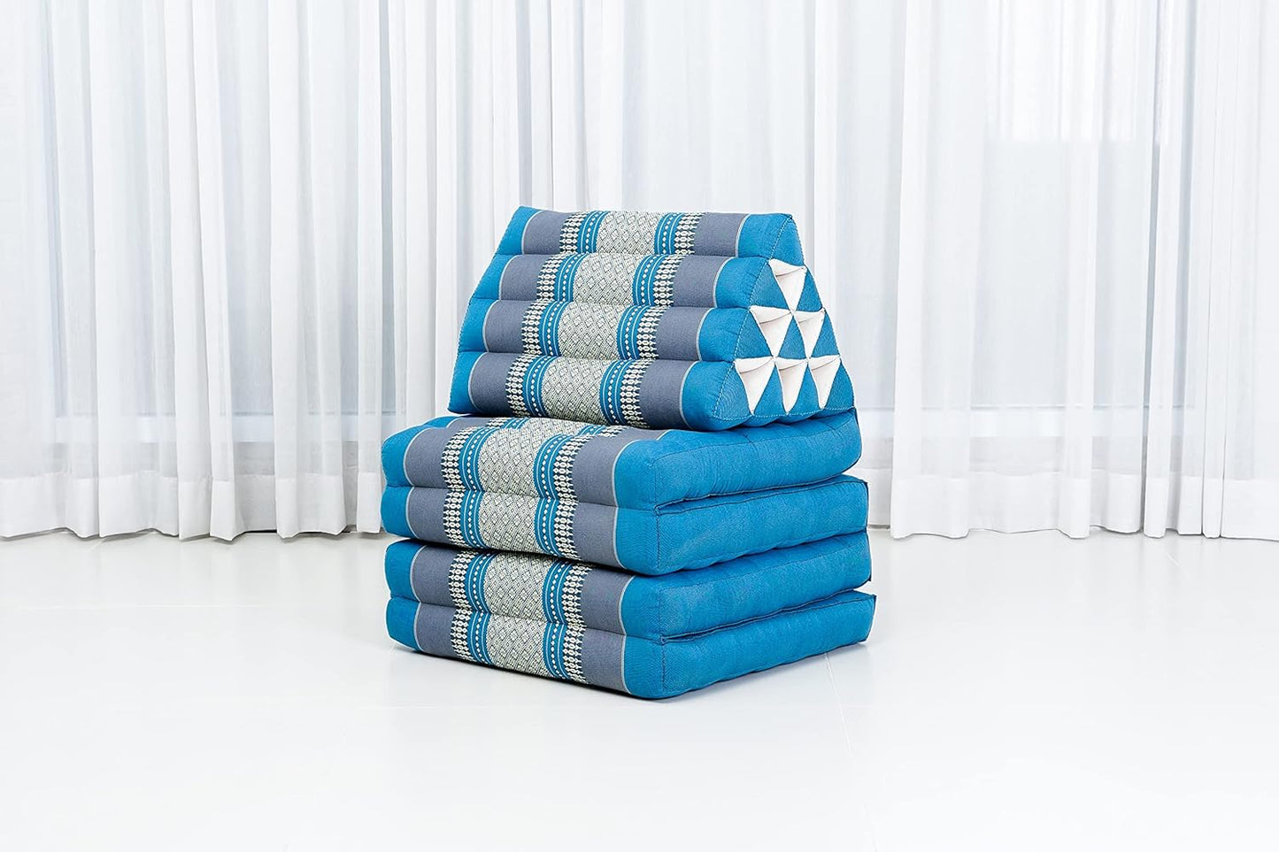 Leewadee Comfortable Japanese Floor Mattress - Thai Floor Bed with Triangle Cushion - Futon Mattress - XL Extra Long Thai Massage Mat, 89 x 20 inches, Light Blue, Kapok Filling