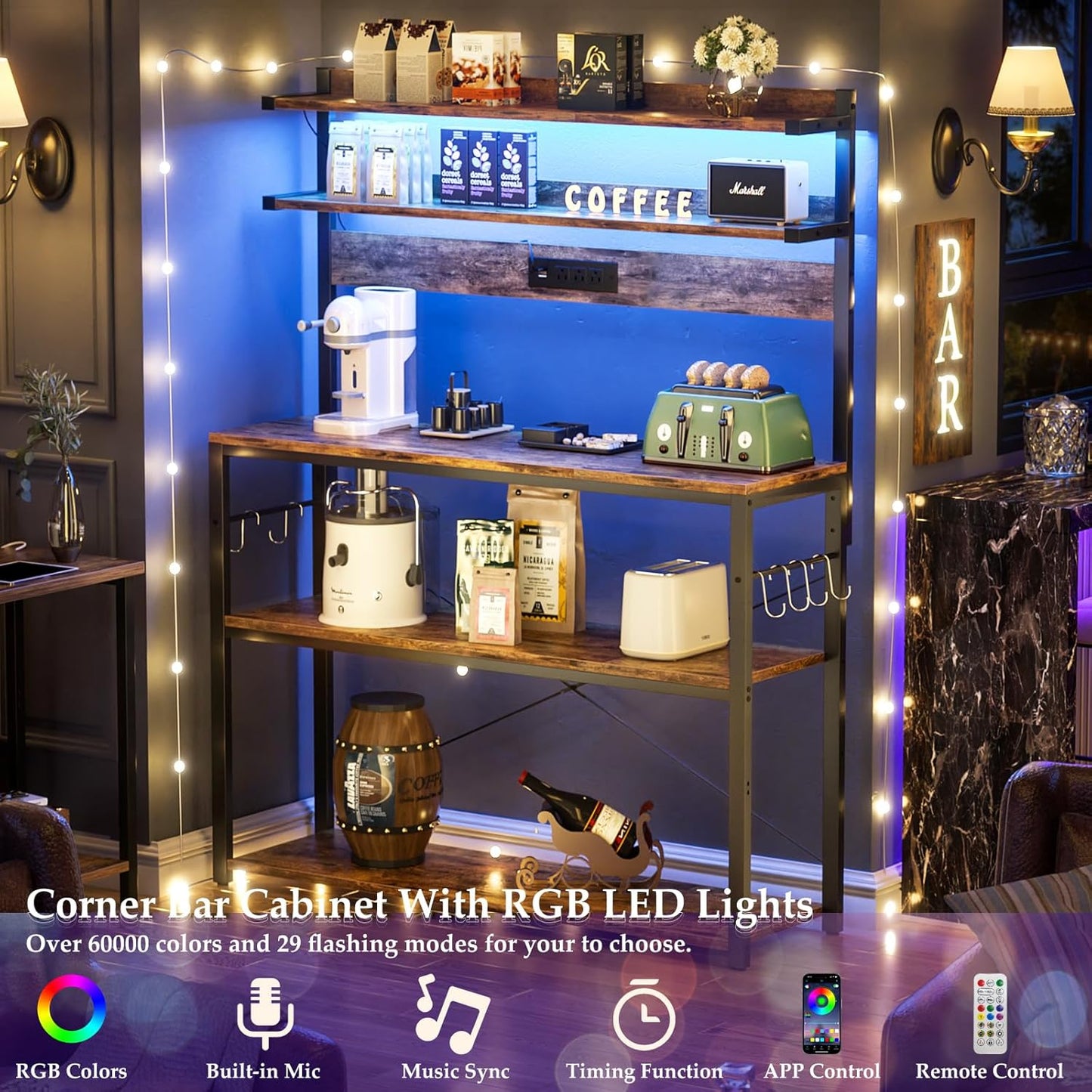 Aheaplus Bakers Rack with Power Outlet, Microwave Stand, 5 Tiers Coffee Bar Station with Led Lights, Kitchen Storage Shelf with 6 S-Shaped Hooks, Kitchen Rack Coffee Bar Stand, Rustic Brown