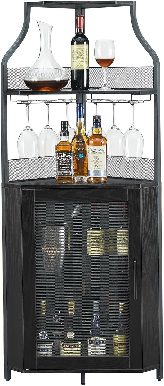 GarveeHome Corner Wine Cabinet with Detachable Wine Rack, 5-Tier Industrial Corner Bar Cabinet with Barn Door and Glass Holder, Farmhouse Buffet Cabinet and Home Bar, Black