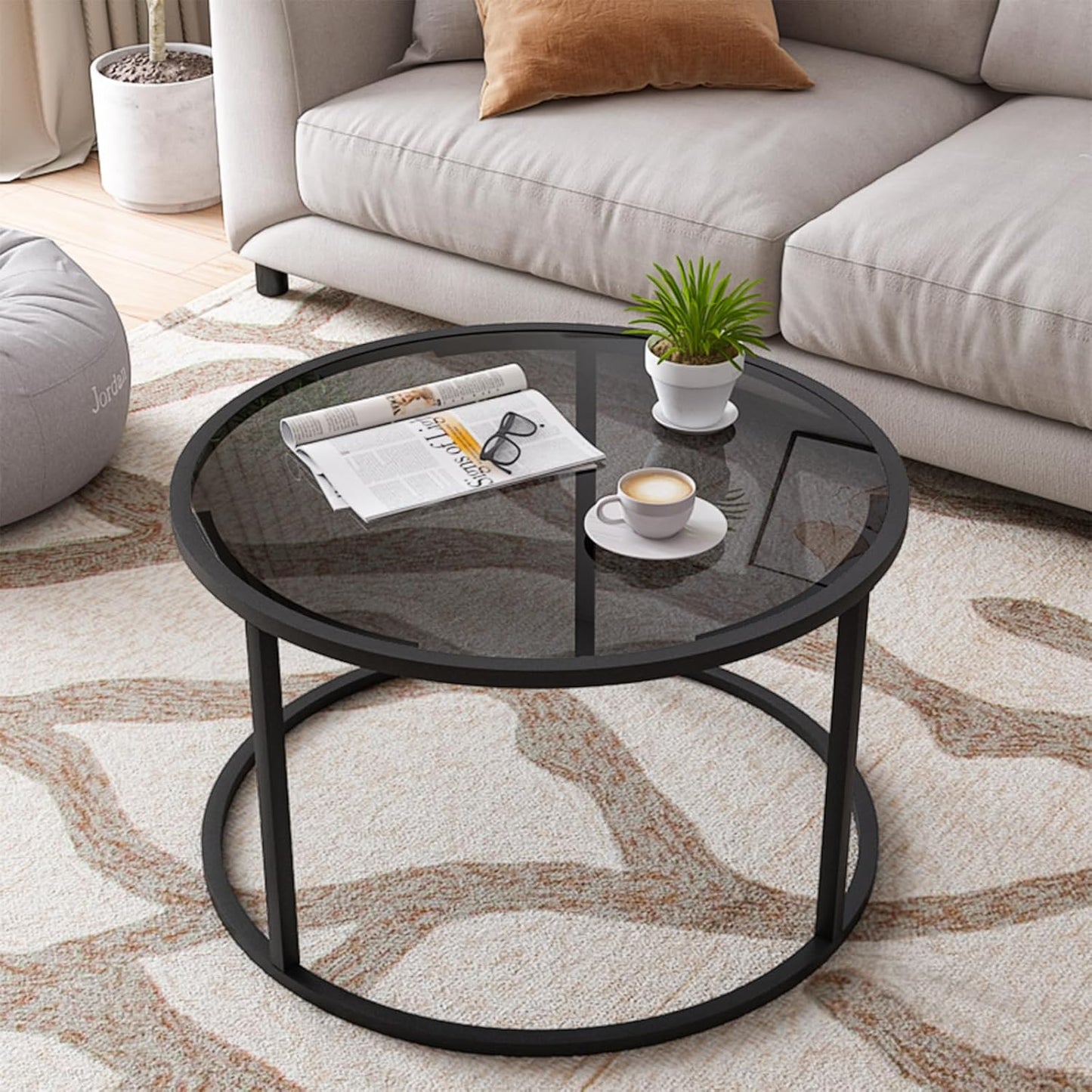 Glass Coffee Table Modern Center Table,Minimalist Round Coffee Tea Table,Tempered Glass-top with Sturdy Metal Frame for Living Room Bedroom Office and Small Space, 27 x 27 x 17 Inch,Gray Black