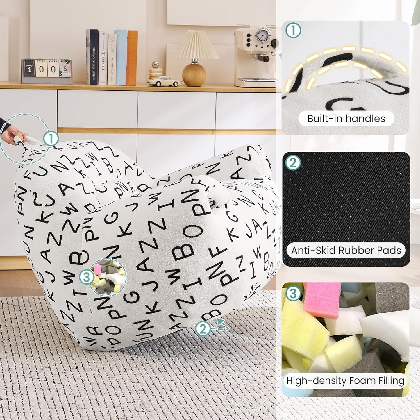 DAICO Bean Bag Chairs for Adults Comfy Accent Chair with Ottoman Floor Sofa Beanbag Couch with Armrests White Single Lazy Sofas with Foam for Living Room Reading Bedroom Gaming (Letter Pattern)