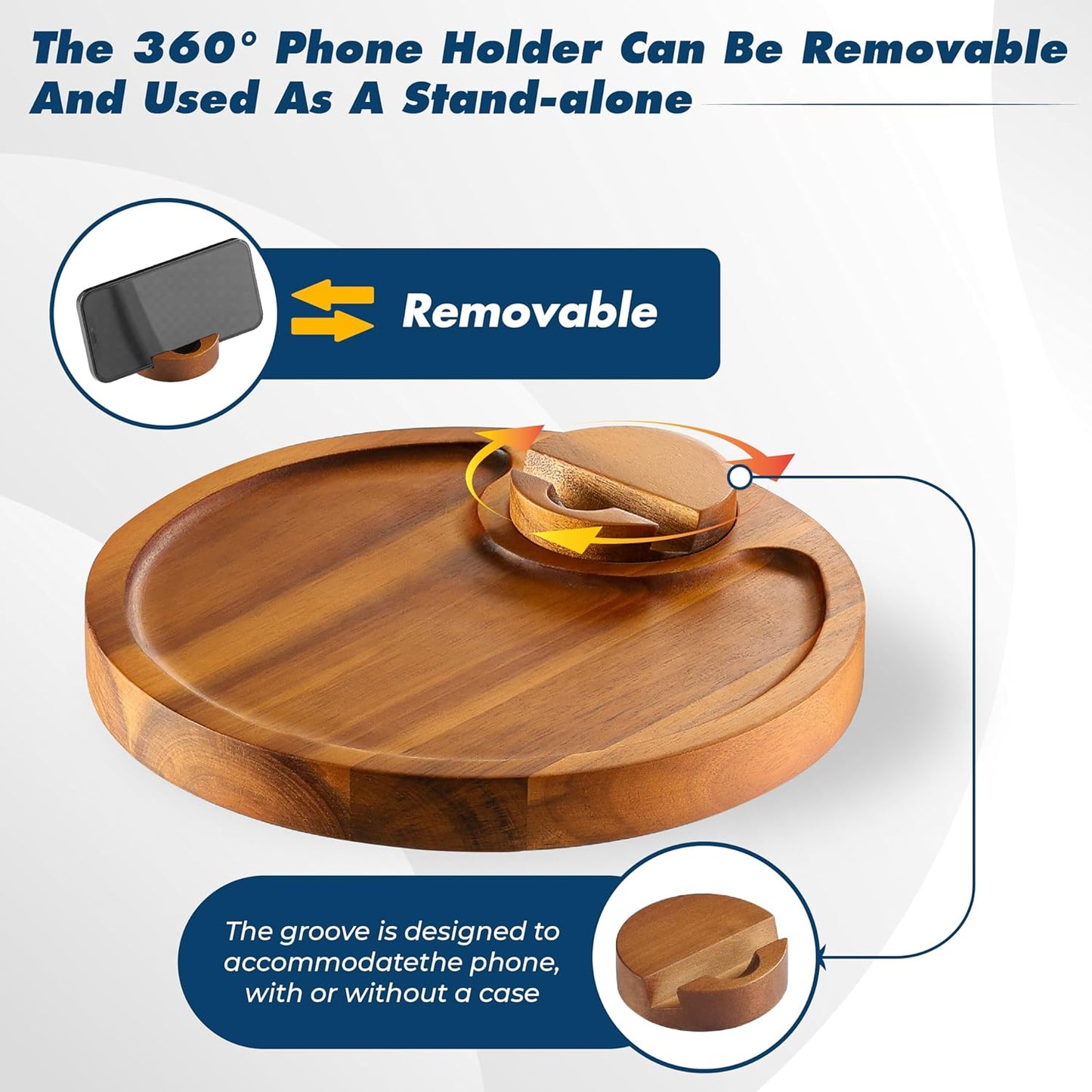 Pedestal Side Table, Acacia Drink Table with Weighted Base, Small Round Side Table for Small Spaces with 360 Rotating Phone Holder, Martini & Cocktail Pedestal End Table for Living Room, Home Office