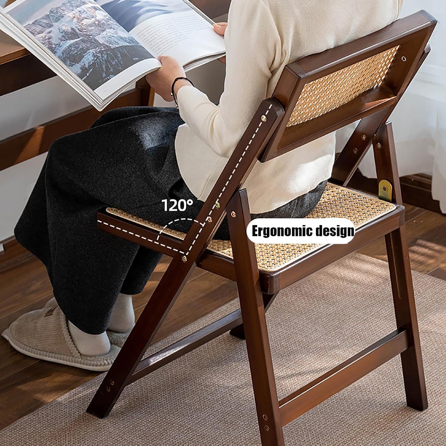 KISKIS Wooden Rattan Folding Chairs Portable Save Space Kitchen Dining Chair for Balcony Living Room, with Mesh Elastic Seat and Curved Back, 400LBS,1 Pack