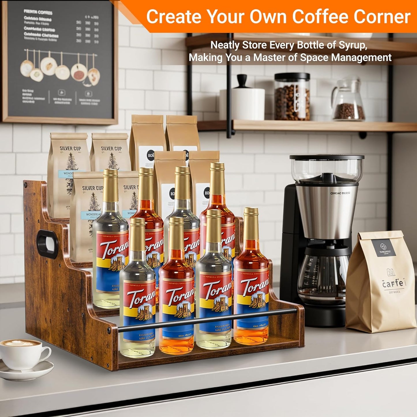 4-Tier Liquor Bottle Display Shelf, Holds up to 16 Bottles, Extra Large Rustic Bar Shelves for The Home Bar, Countertop Whiskey Organizer with Handles