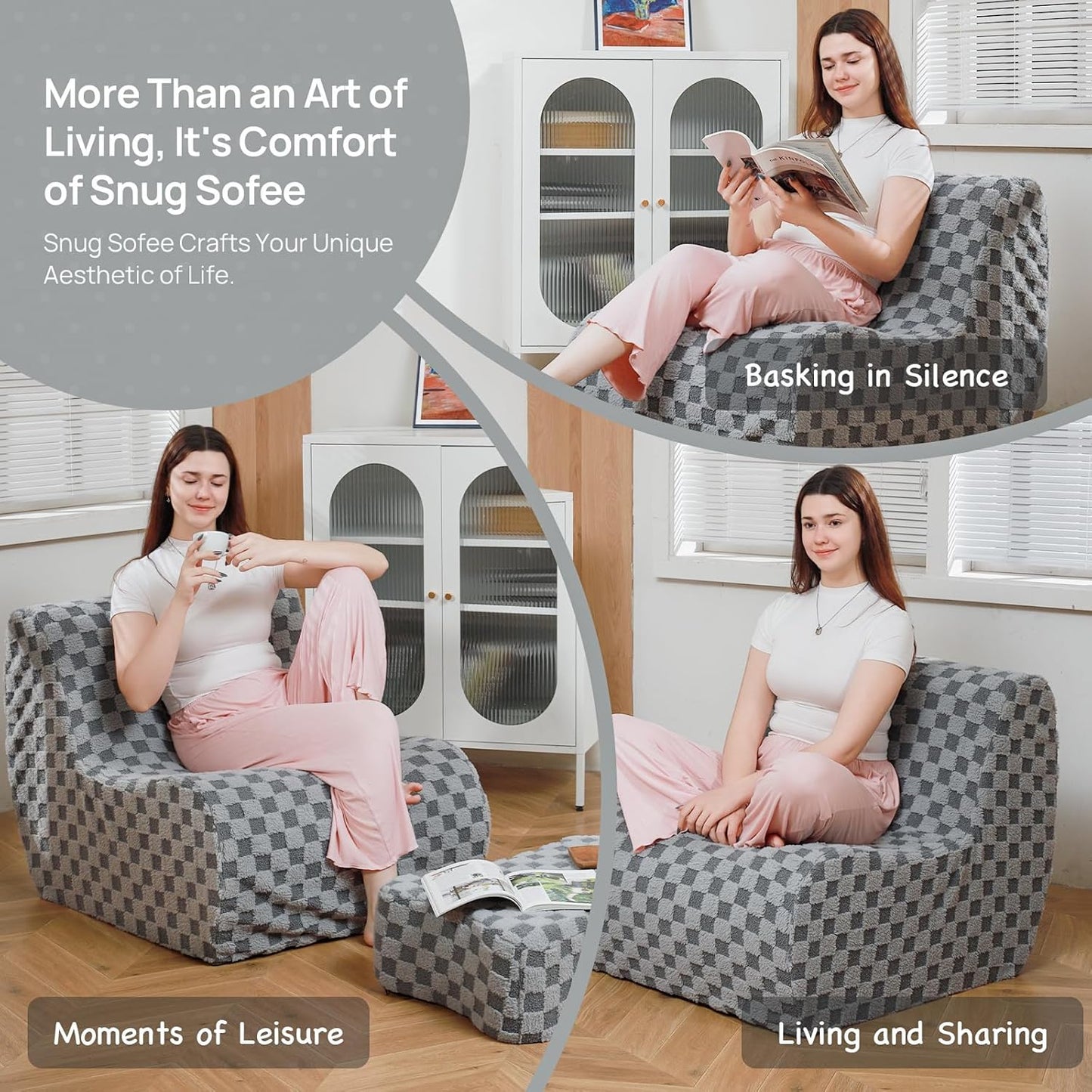 Giant Bean Bag Chair for Adults with Ottoman, Teddy Fabric Beanbag Chair with Memory Foam Filled,Plush Lazy Floor Sofa with Footstool Couch for Living Room,Bedroom,Dorm, Apartment, Grey