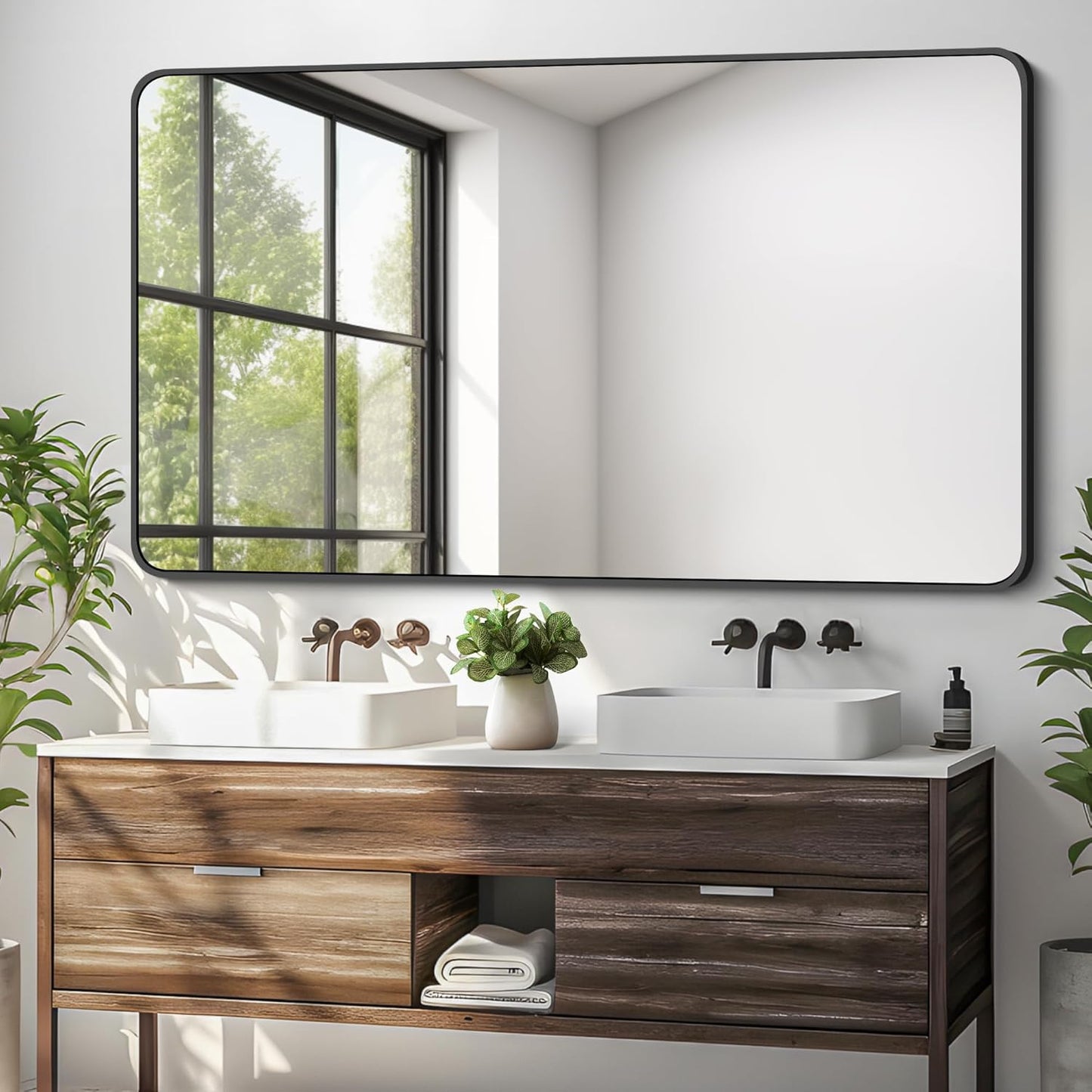 30 x 50 Inch Bathroom Mirror, Matte Black Wall Mirror with Metal Frame, Decorative Rectangular Vanity Mirror for Bedroom Bathroom Living Room Entryway (Horizontal/Vertical)