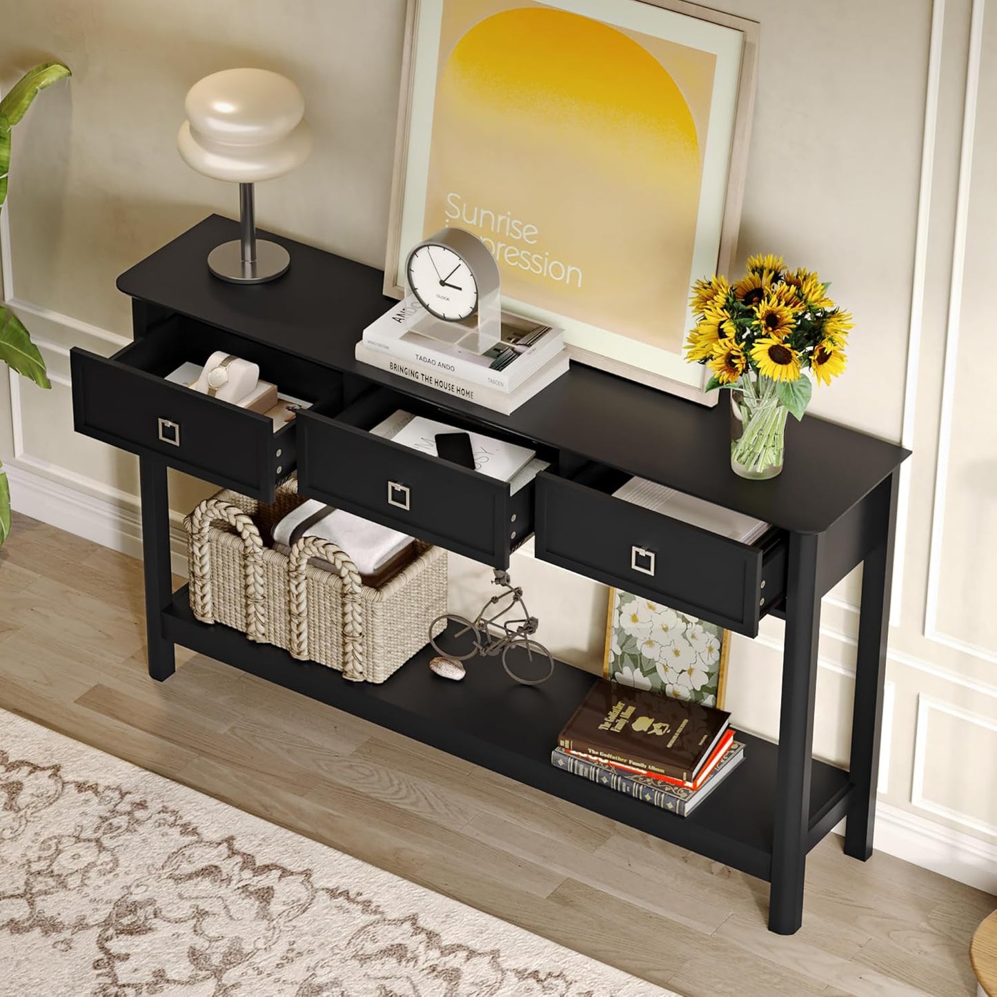 Treocho 53.1" Console Table with 3 Drawers, Modern Entryway Table, 2-Tier Narrow Long Sofa Table Behind Couch Table for Living Room, Hallway, Black