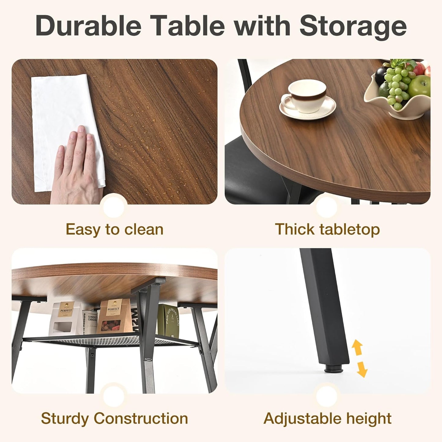 Pamapic Round Dining Table Set for 4, Kitchen Table and Chairs for 4, Dining Room Circle Dinner Pedestal Table, Solid Metal Frame,Space Saving Wood Kitchen & Dining Room Furniture,Walnut