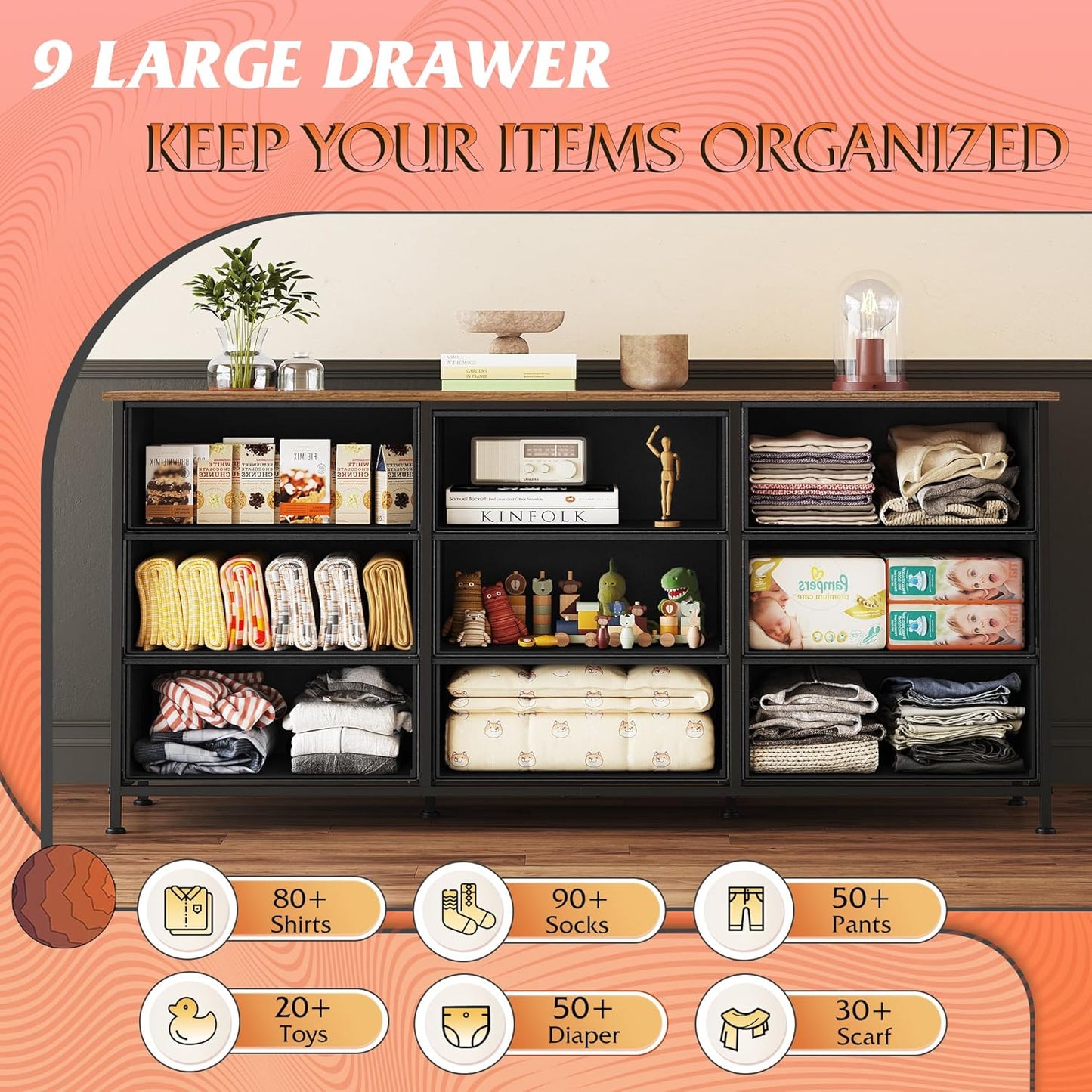 WLIVE 54''W Dresser for Bedroom, Dresser TV Stand for 55, 60, 65 inch TV, Wide Chest of Drawers with 9 Drawer, Large Entertainment Center, Fabric Dressers with Wood Top for Living Room, Rustic Brown