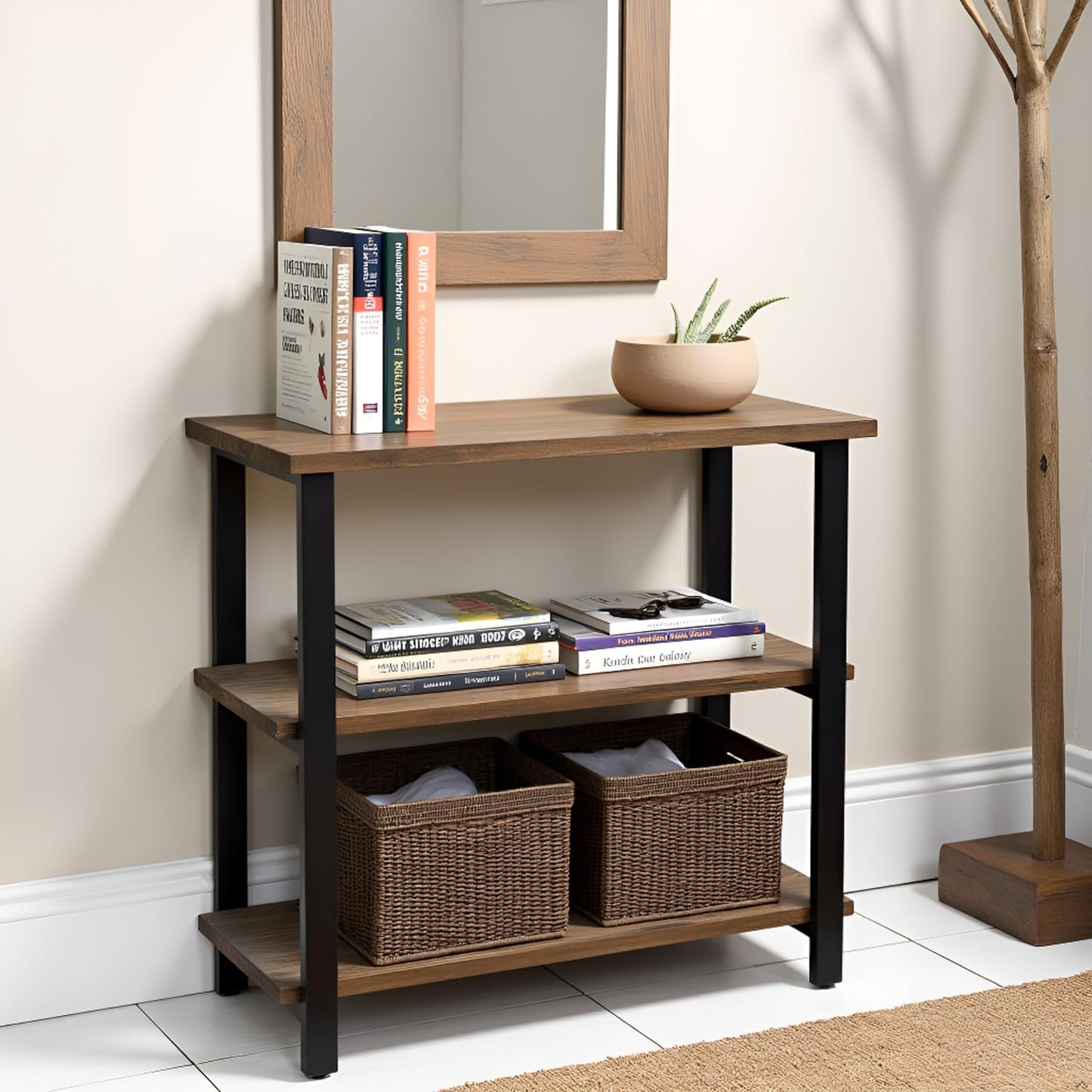 Pomona 3-Tier Bookcase with 2 Lower Shelves – 30" Tall Rustic Industrial Under-Window Bookshelf with Solid Wood and Metal Frame for Living Room, Bedroom, or Home Office by Alaterre Furniture