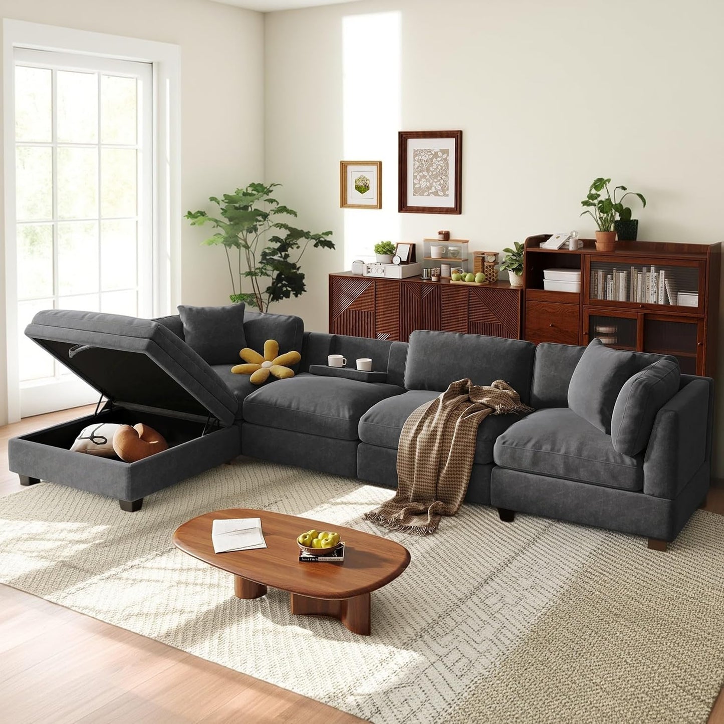 127.6 Inch 5-Seat Modular Convertible Sectional Sofa with Removable Storage Ottoman and 2 Hidden Cupholder, L-Shaped Upholstery Corner Couch for Living Room Apartment Office, Grey