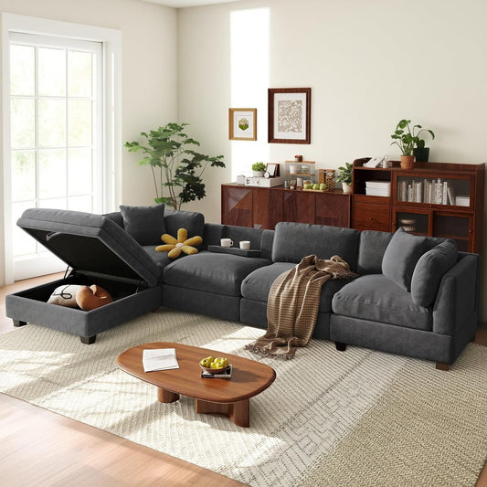 127.6 Inch 5-Seat Modular Convertible Sectional Sofa with Removable Storage Ottoman and 2 Hidden Cupholder, L-Shaped Upholstery Corner Couch for Living Room Apartment Office, Grey