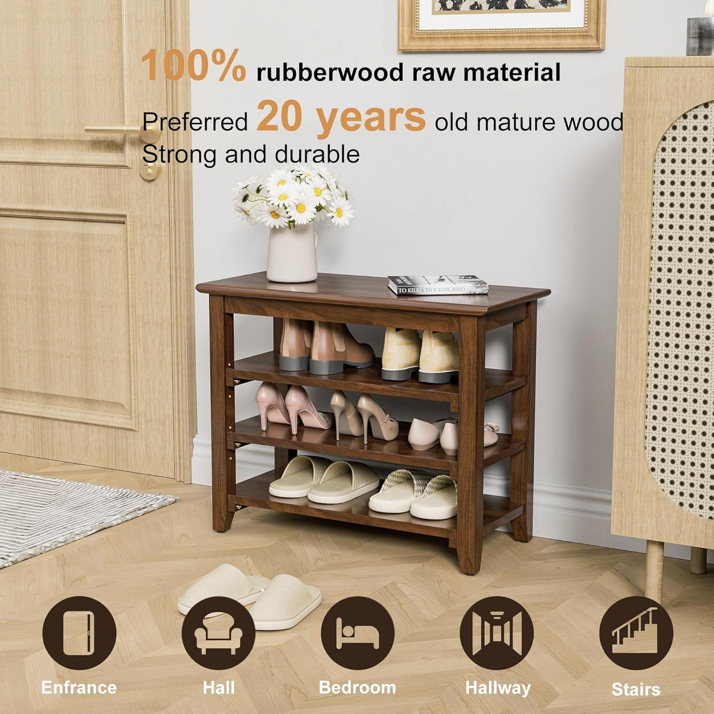 Wooden Storage Shoe Bench, Entryway Bench with 3-Tiers Height Adjustable, Shoe Rack Front Doors Entrances for Hallway Living Room,Mudrooms (Brown,25.6")