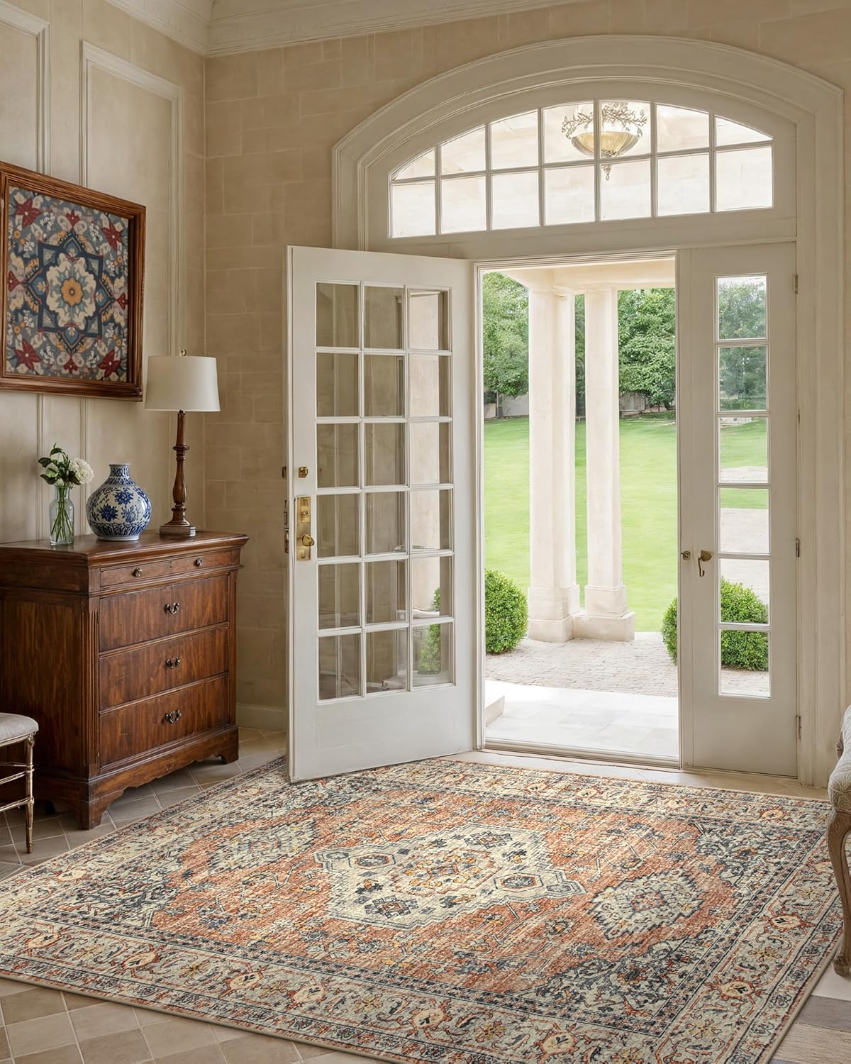 Lahome Oriental Washable Rugs for Living Room, 4x6 Bedroom Area Rug Ultra-Thin Soft Non Slip Stain Resistant Vintage Throw Carpet for ‎Office Dining Room, Peach/Orange